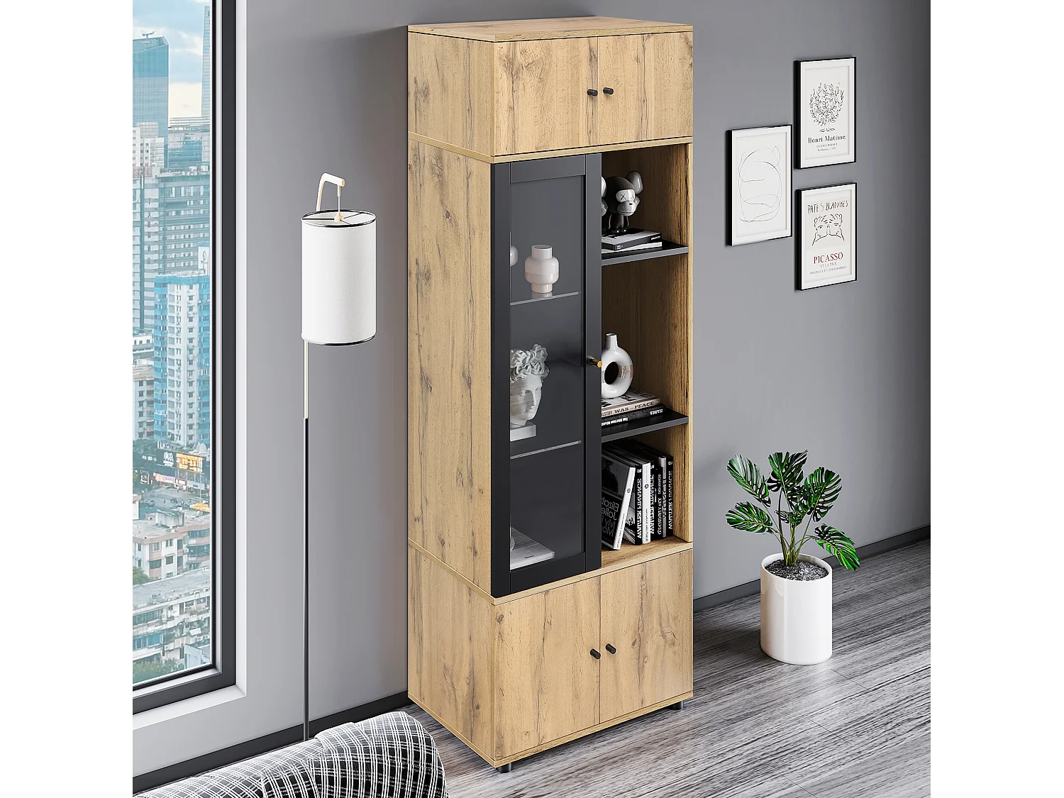 Vitrine met 5 deuren en 6 vakken - Hoogte 185 - Spaanplaat - eikenkleur - 65 x 40 x 185 cm