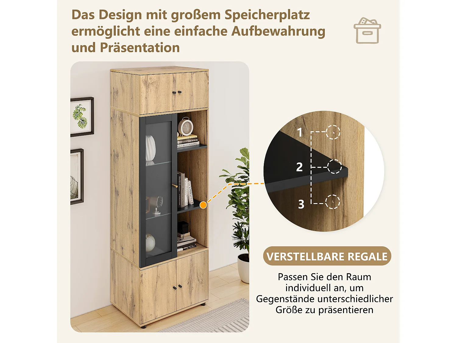 Vitrine met 5 deuren en 6 vakken - Hoogte 185 - Spaanplaat - eikenkleur - 65 x 40 x 185 cm