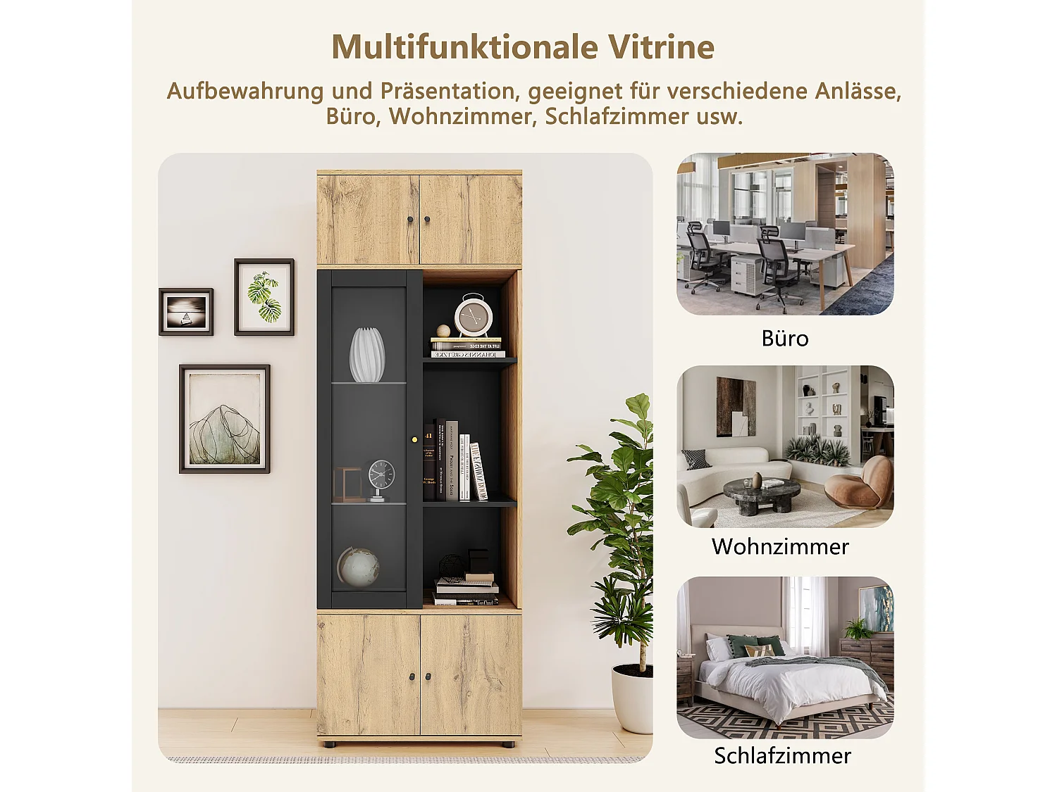 Vitrine met 5 deuren en 6 vakken - Hoogte 185 - Spaanplaat - eikenkleur - 65 x 40 x 185 cm