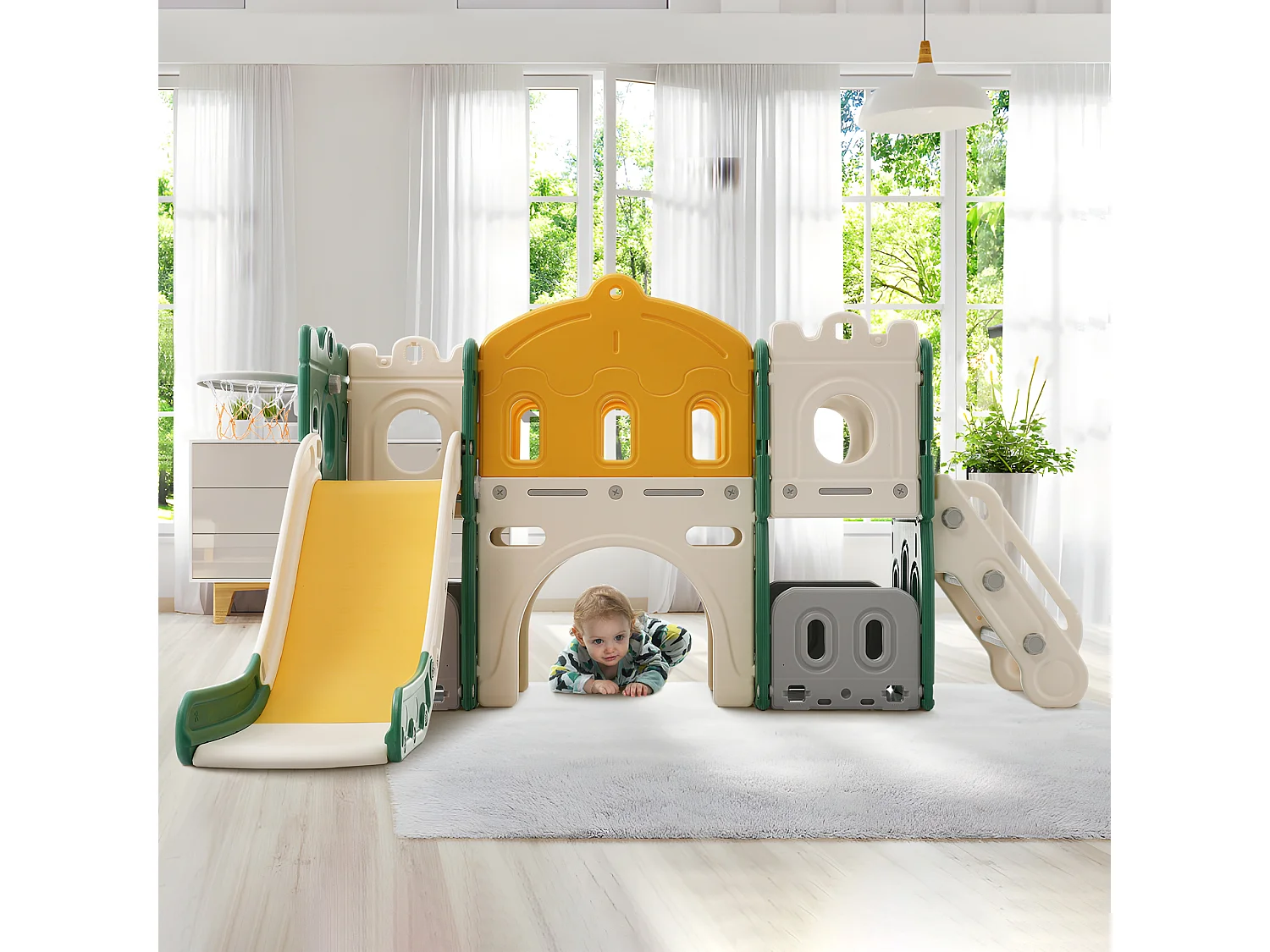 5-in-1 kinderglijbaan voor buiten of binnen met ladder, basketbalring, opberger, boorspel, speelpad, groen