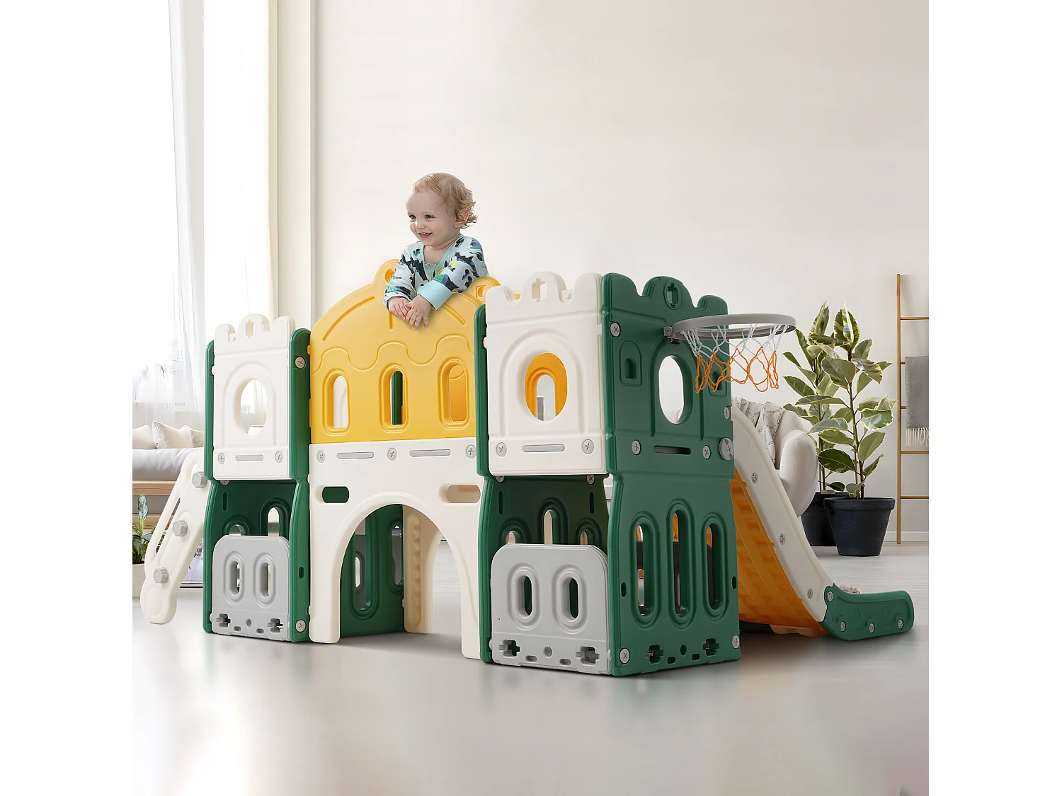 5-in-1 kinderglijbaan voor buiten of binnen met ladder, basketbalring, opberger, boorspel, speelpad, groen