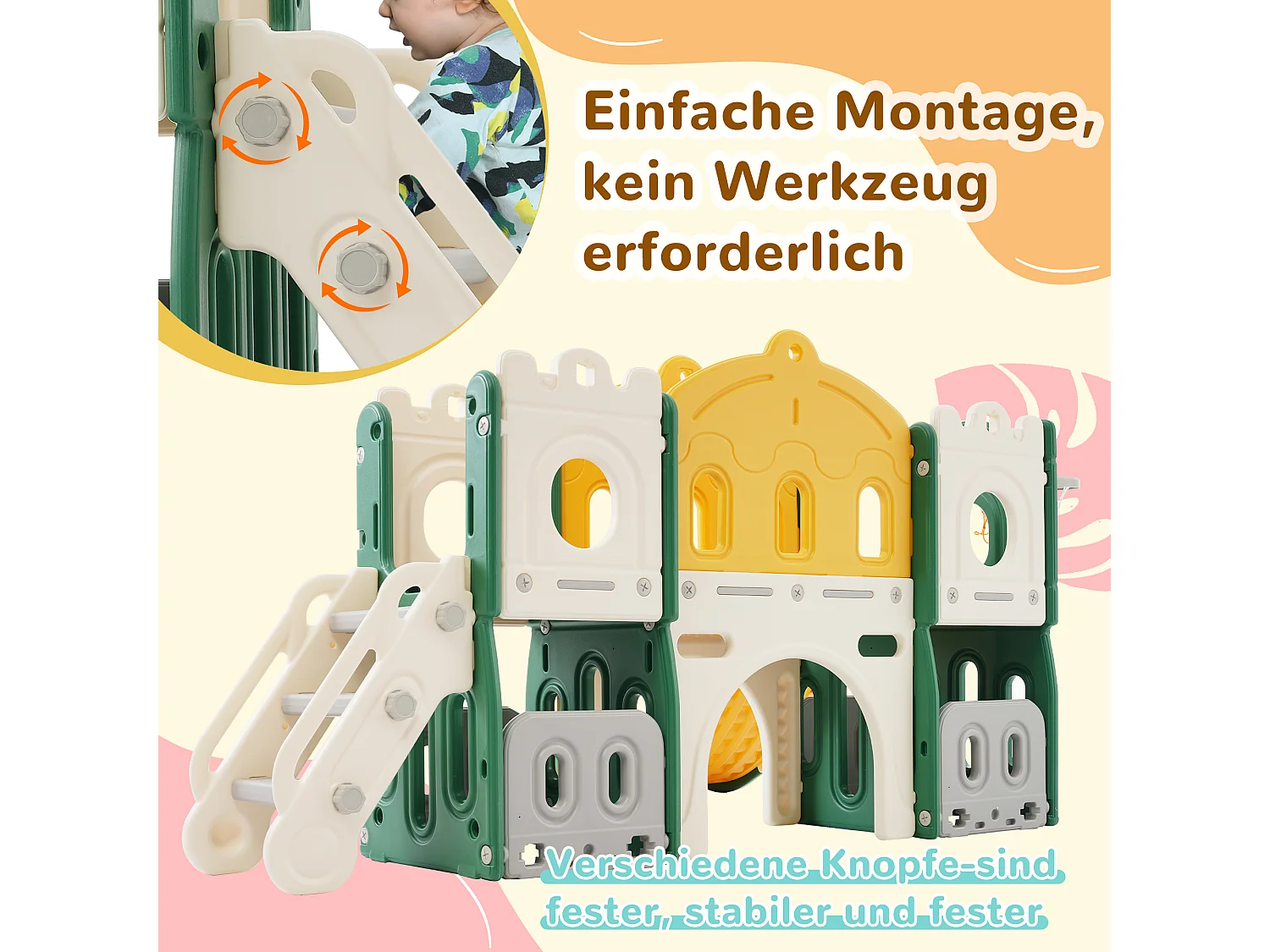 5-in-1 kinderglijbaan voor buiten of binnen met ladder, basketbalring, opberger, boorspel, speelpad, groen