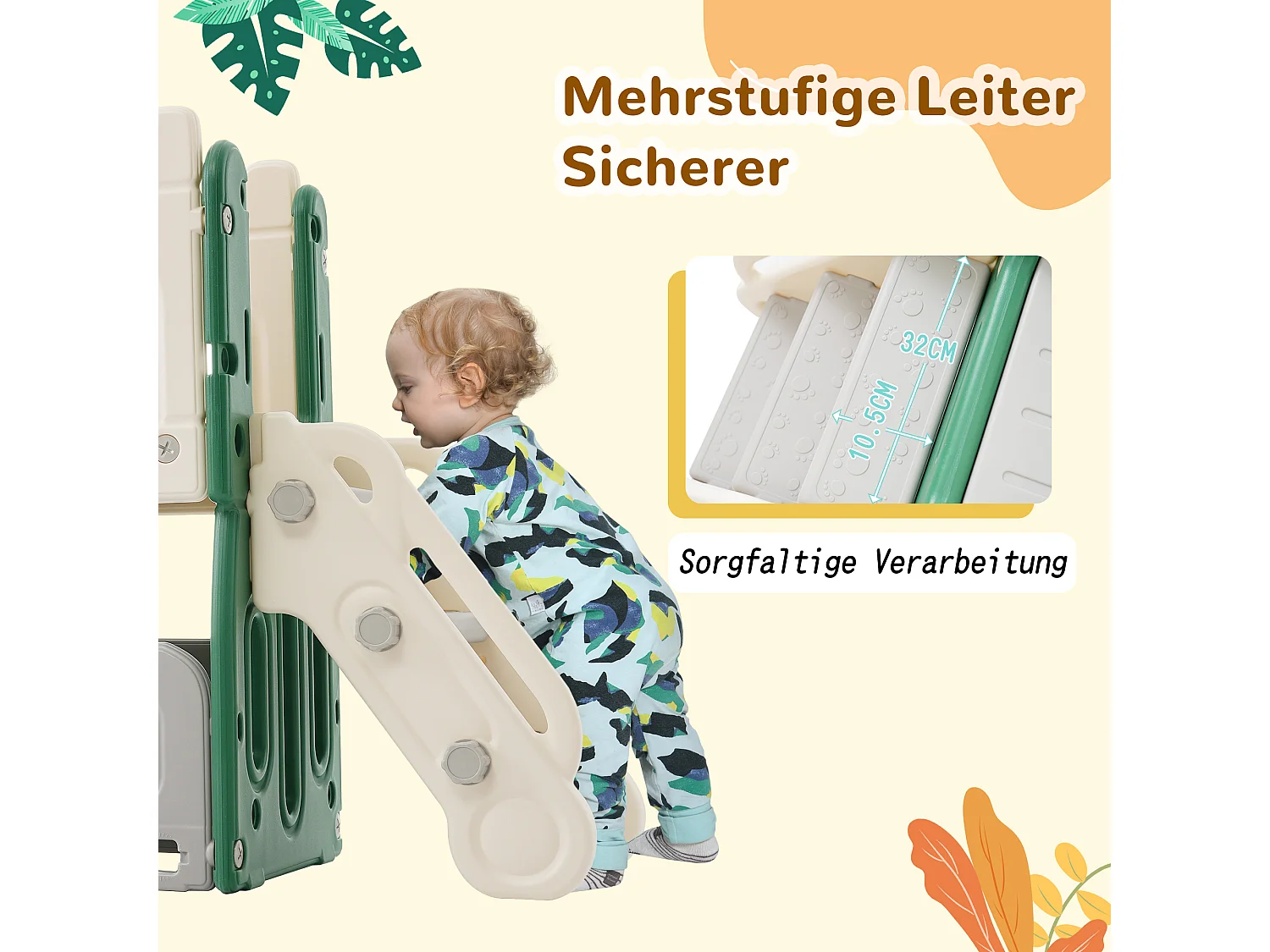 5-in-1 kinderglijbaan voor buiten of binnen met ladder, basketbalring, opberger, boorspel, speelpad, groen