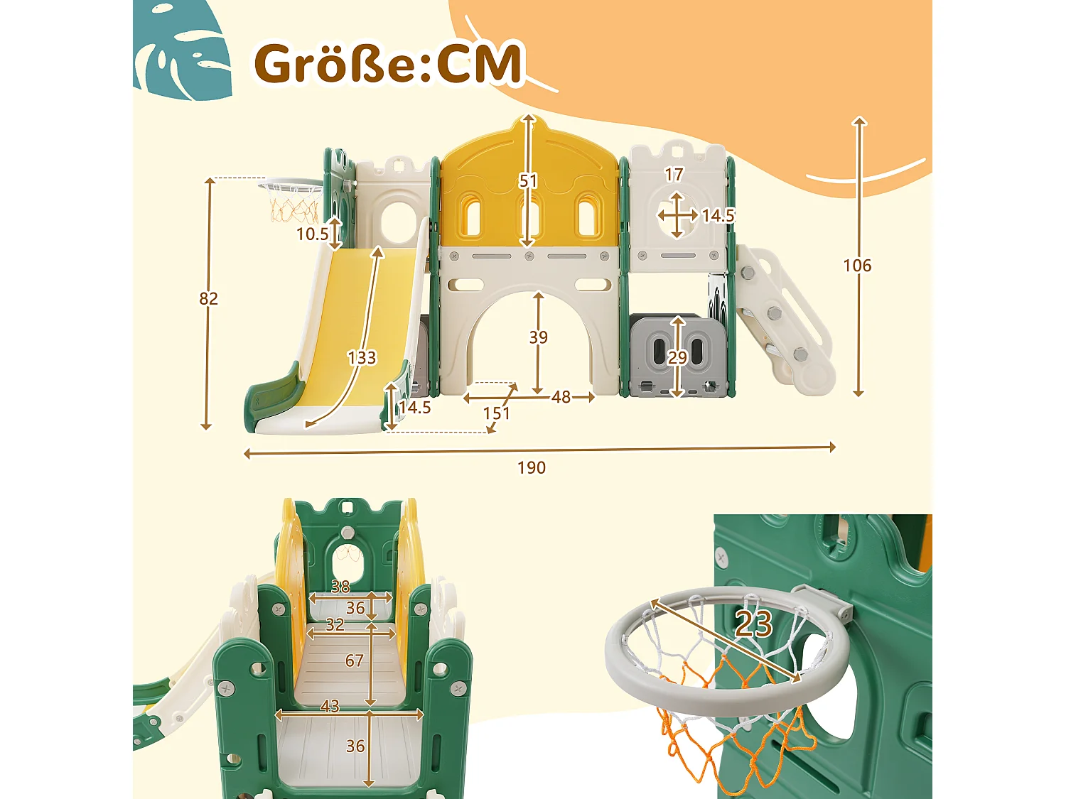 5-in-1 kinderglijbaan voor buiten of binnen met ladder, basketbalring, opberger, boorspel, speelpad, groen