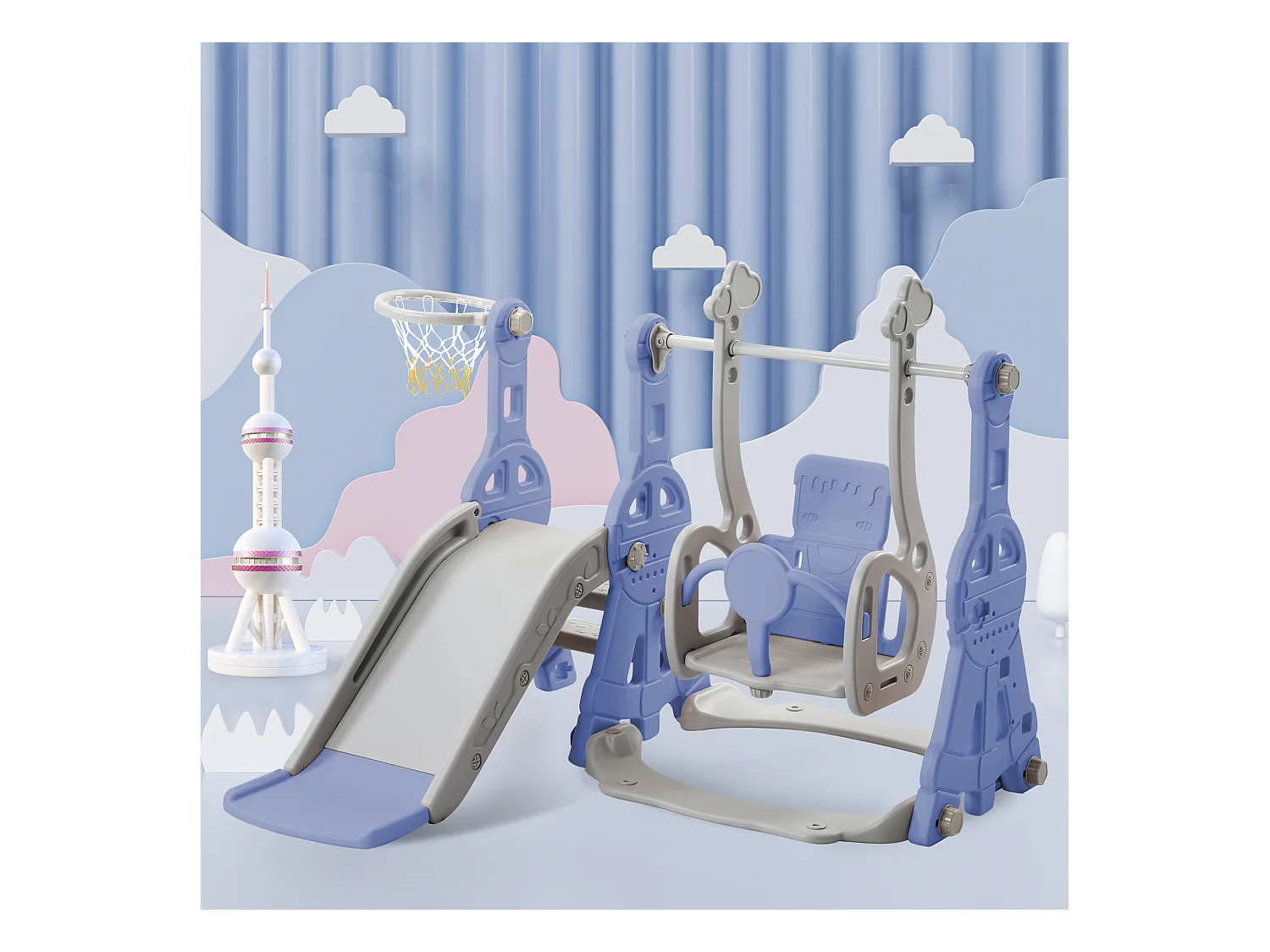 Tobogán 4 en 1 con columpio y soporte de baloncesto para niños, escalera para subir, para interior y exterior, azul