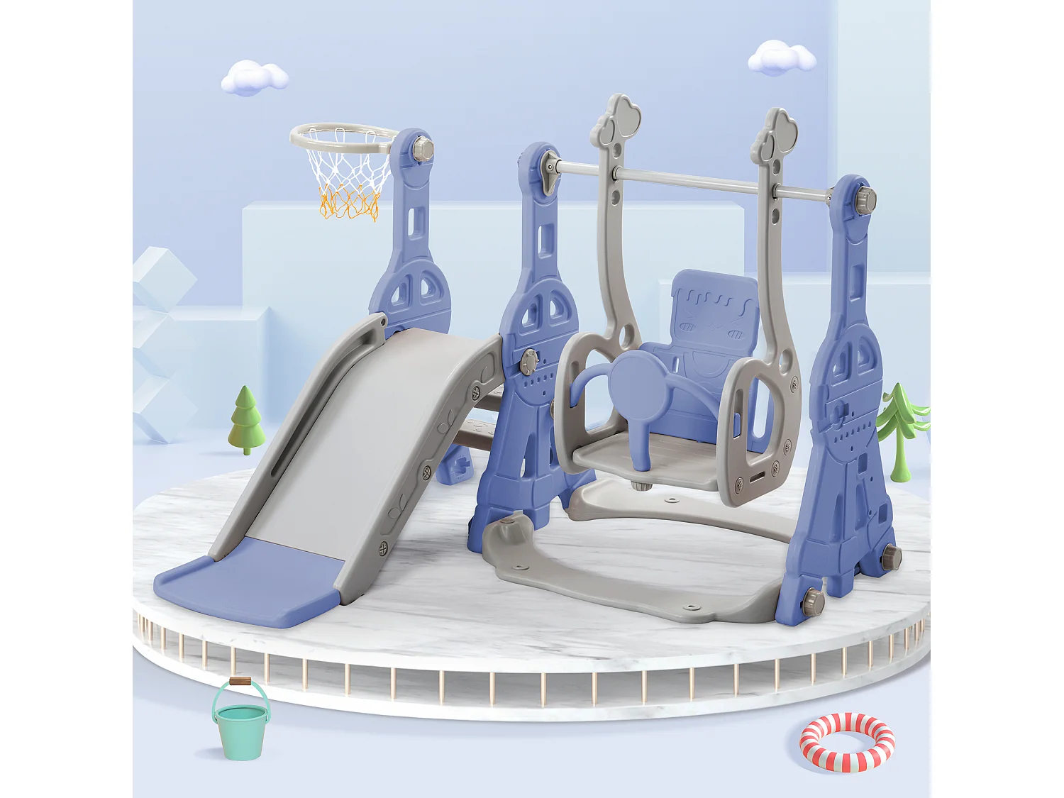 Toboggan 4 en 1 avec balançoire et support de basket-ball pour enfants, échelle d'escalade, pour intérieure et extérieure, bleu