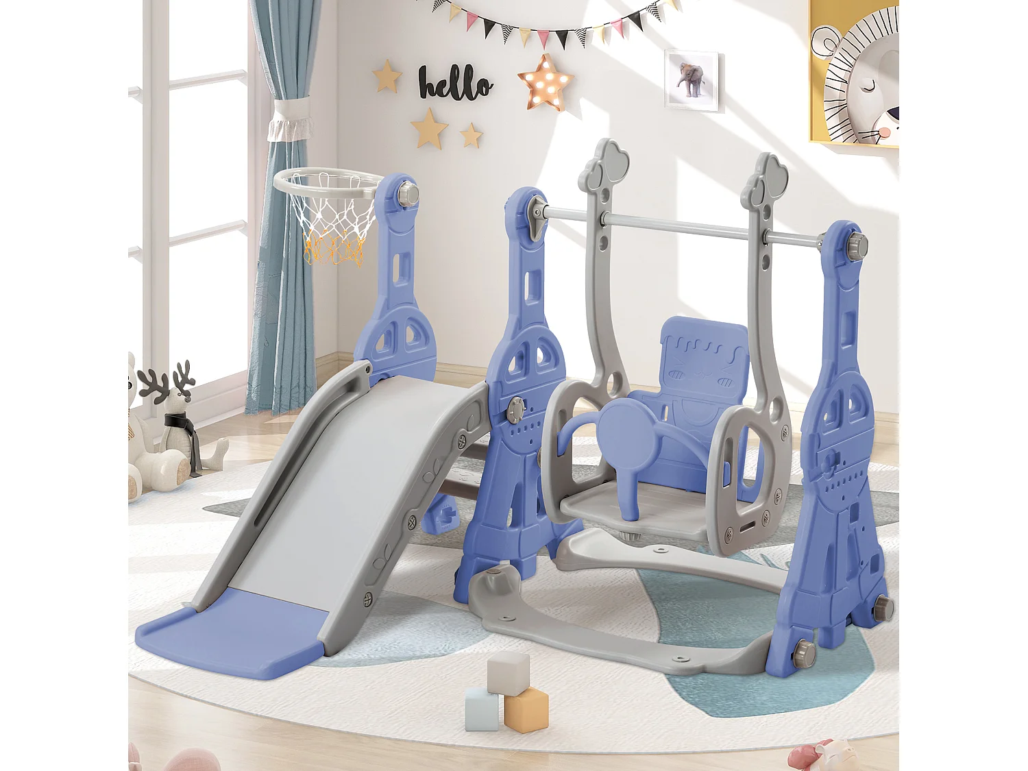 Toboggan 4 en 1 avec balançoire et support de basket-ball pour enfants, échelle d'escalade, pour intérieure et extérieure, bleu