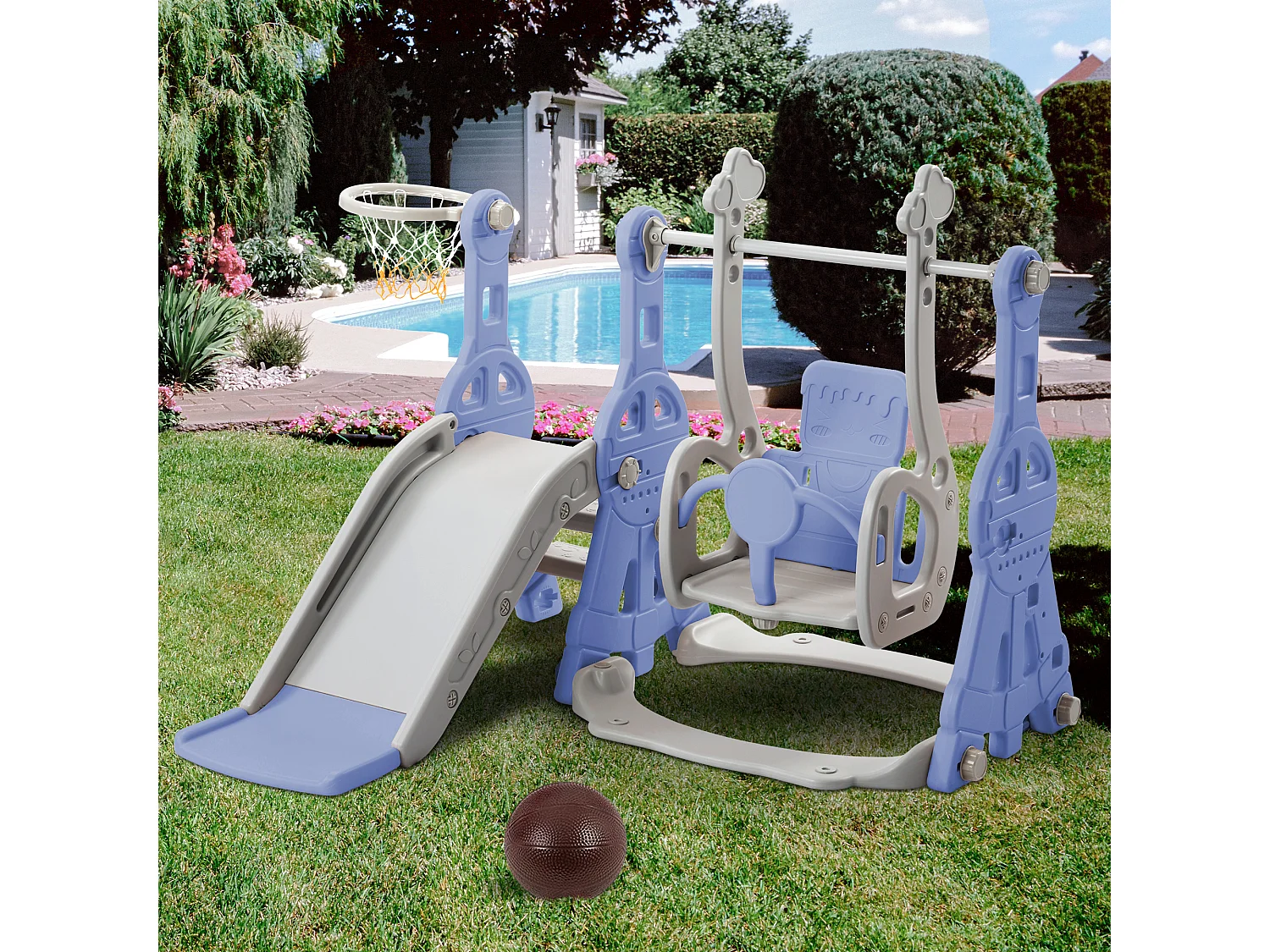 Toboggan 4 en 1 avec balançoire et support de basket-ball pour enfants, échelle d'escalade, pour intérieure et extérieure, bleu