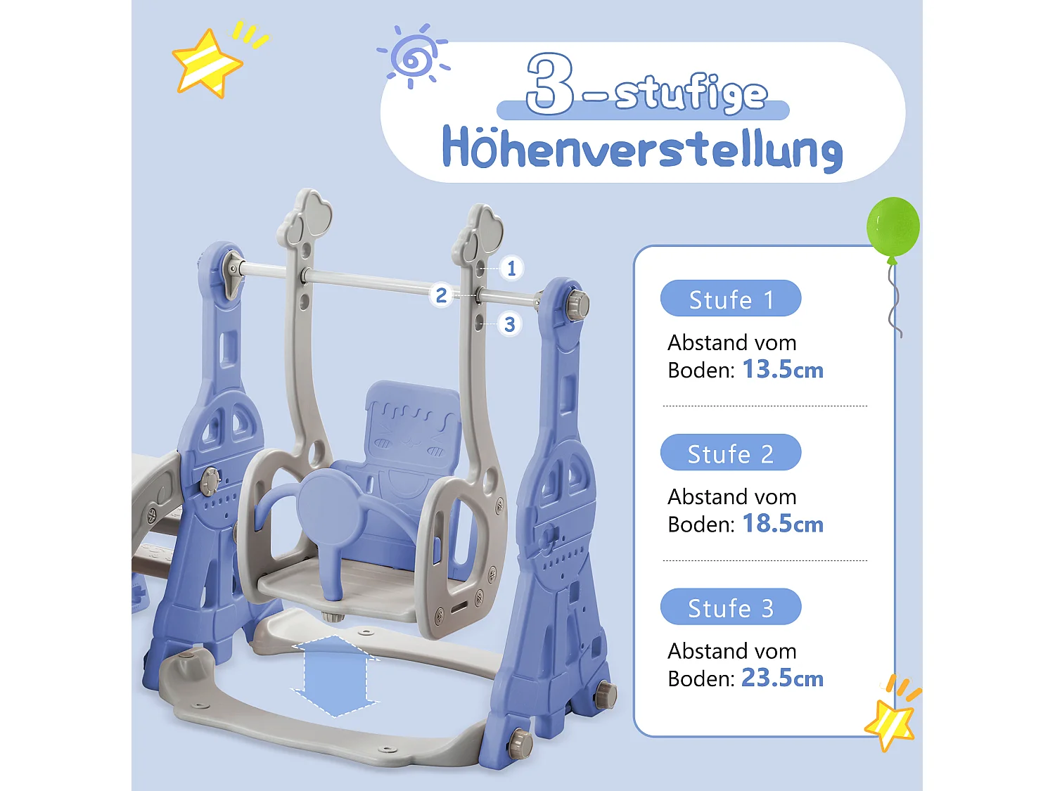 Toboggan 4 en 1 avec balançoire et support de basket-ball pour enfants, échelle d'escalade, pour intérieure et extérieure, bleu