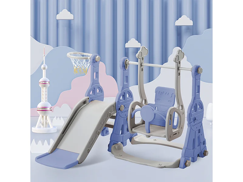 Toboggan 4 en 1 avec balançoire et support de basket-ball pour enfants, échelle d'escalade, pour intérieure et extérieure, bleu