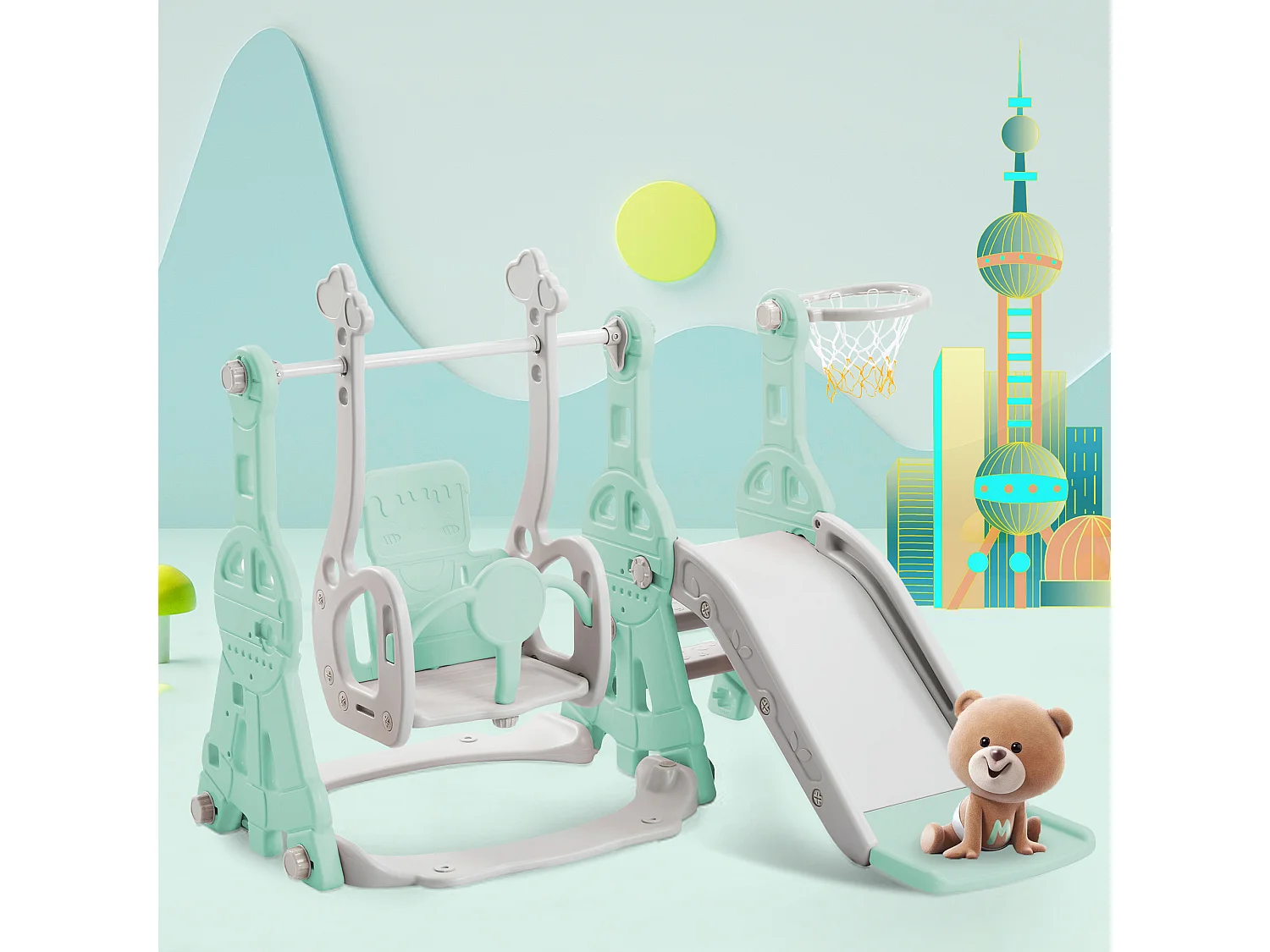 4-in-1 glijbaan met schommel en basketbalstandaard voor kinderen, klimladder, voor binnen en buiten, groen