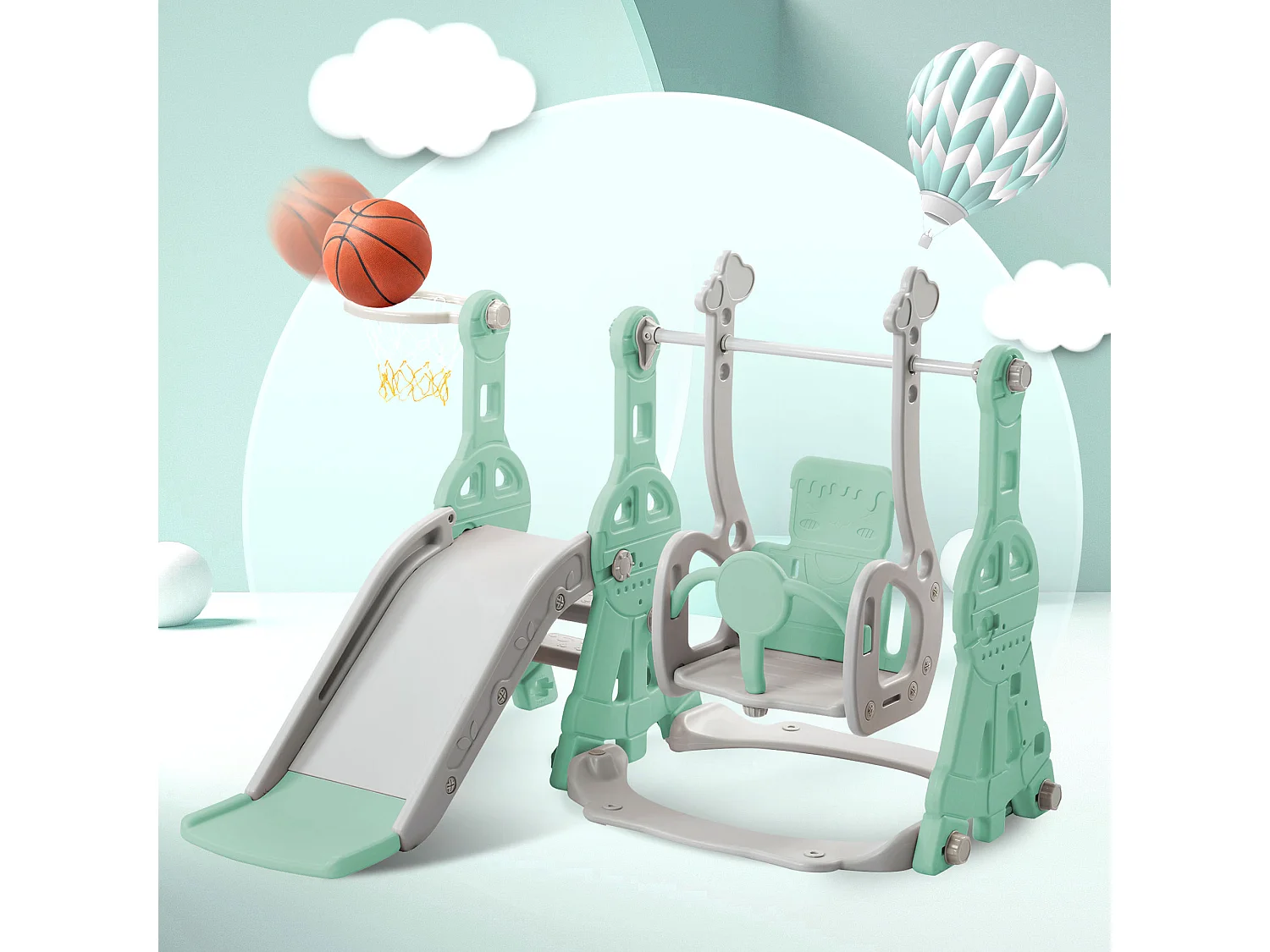 4-in-1 glijbaan met schommel en basketbalstandaard voor kinderen, klimladder, voor binnen en buiten, groen