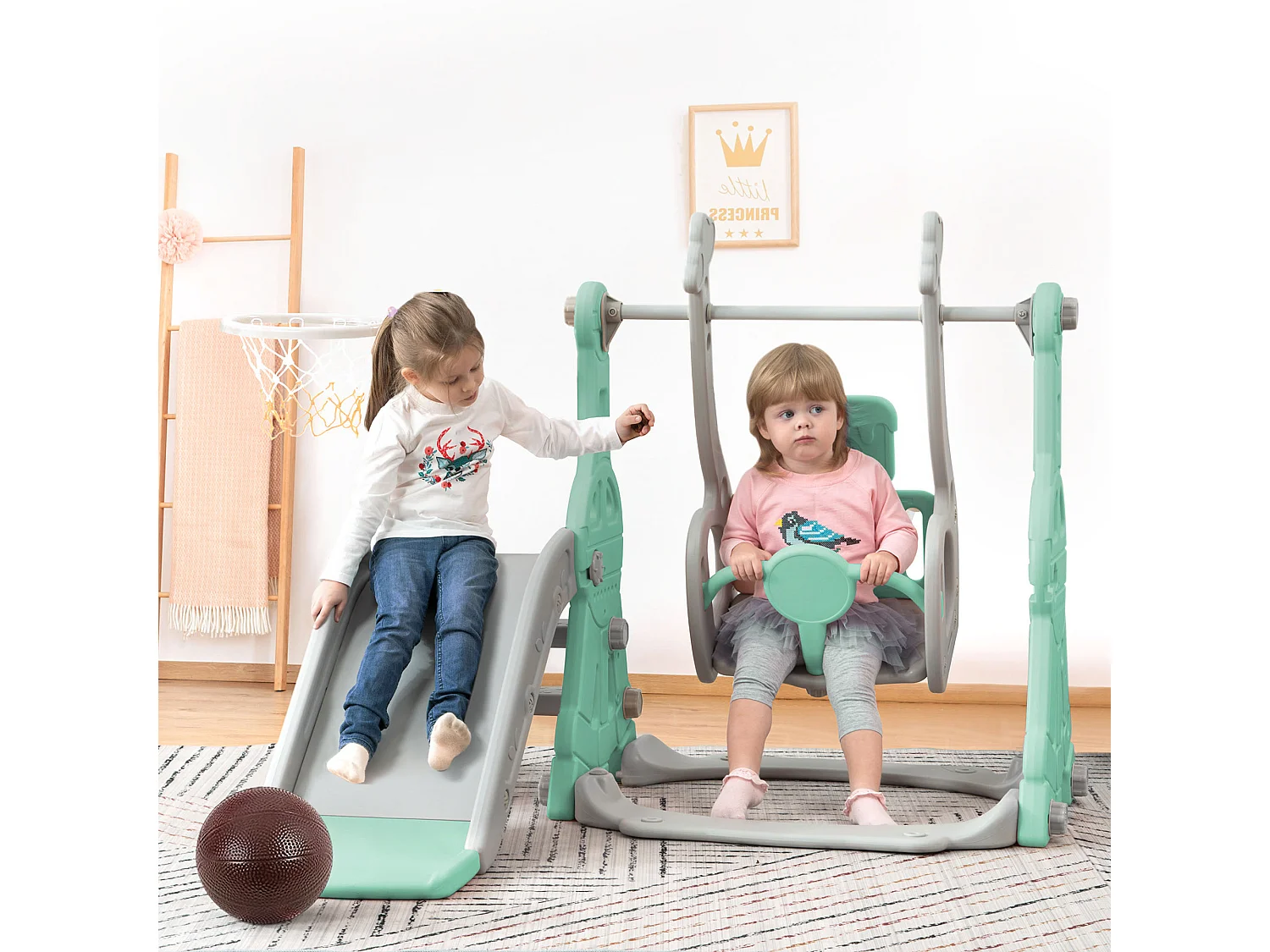 4-in-1 glijbaan met schommel en basketbalstandaard voor kinderen, klimladder, voor binnen en buiten, groen