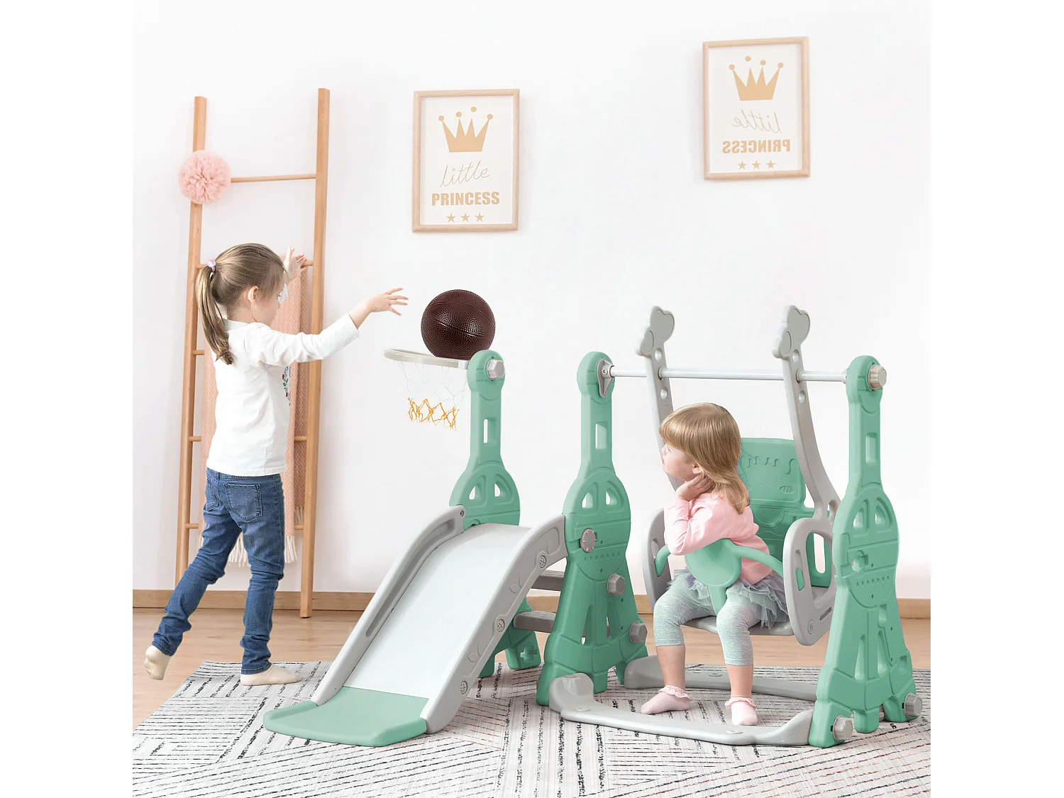 4-in-1 glijbaan met schommel en basketbalstandaard voor kinderen, klimladder, voor binnen en buiten, groen