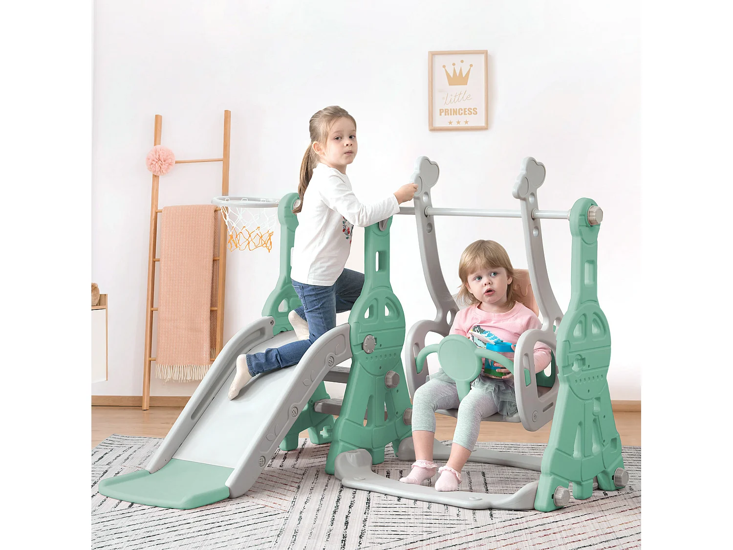 4-in-1 glijbaan met schommel en basketbalstandaard voor kinderen, klimladder, voor binnen en buiten, groen
