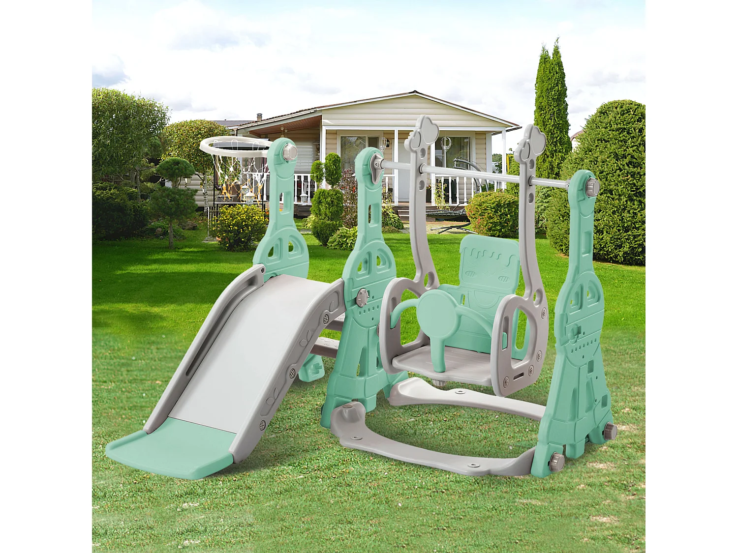 4-in-1 glijbaan met schommel en basketbalstandaard voor kinderen, klimladder, voor binnen en buiten, groen