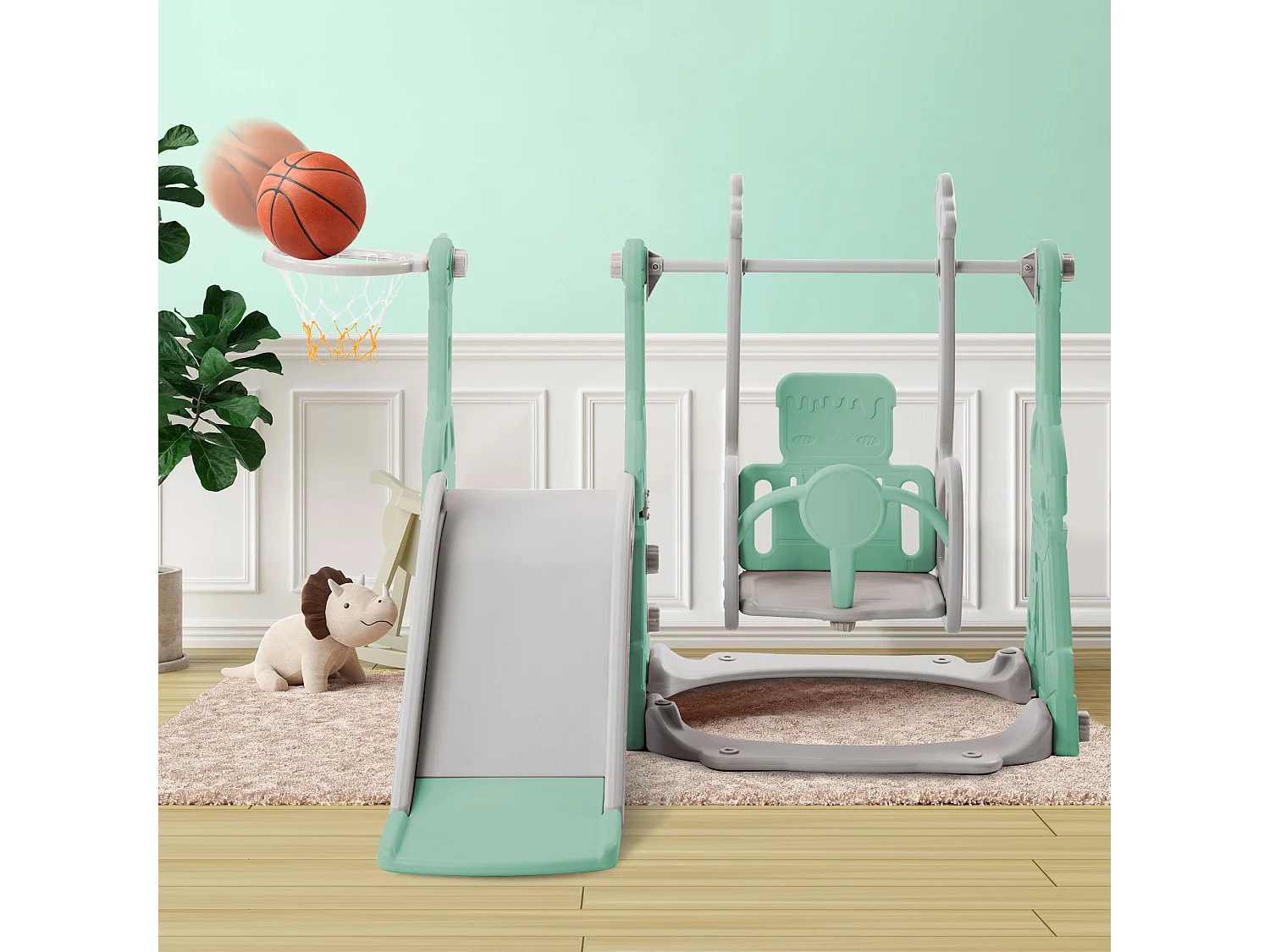 4-in-1 glijbaan met schommel en basketbalstandaard voor kinderen, klimladder, voor binnen en buiten, groen