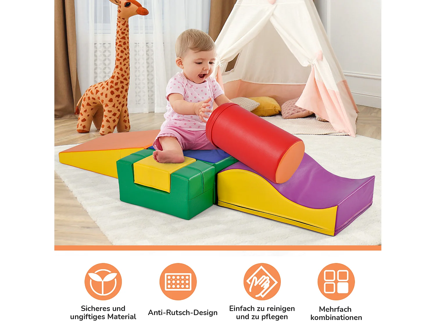 6 Bausteine für Kinder oder Babys – Treppe und Rutsche – Kletterspielzeug – PU + EPE – freie Kombination