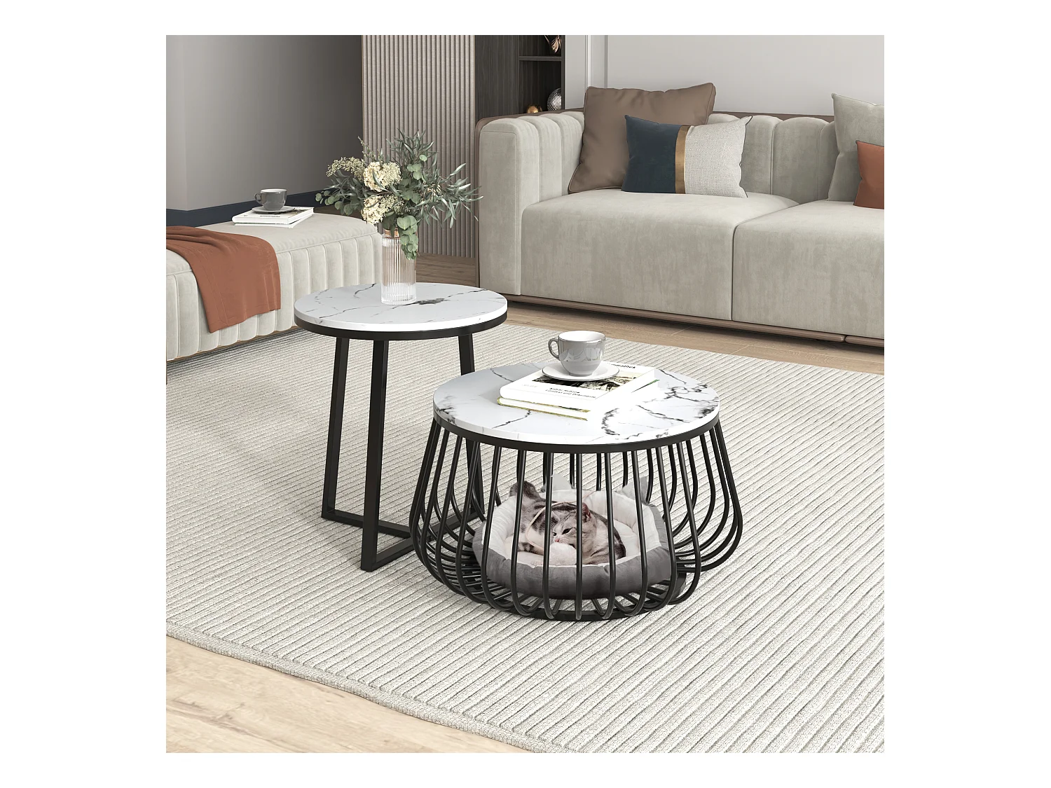 Set van 2 ronde salontafels - bijzettafel - gemarmerd fineer - MDF hout en metaal - zwart & wit