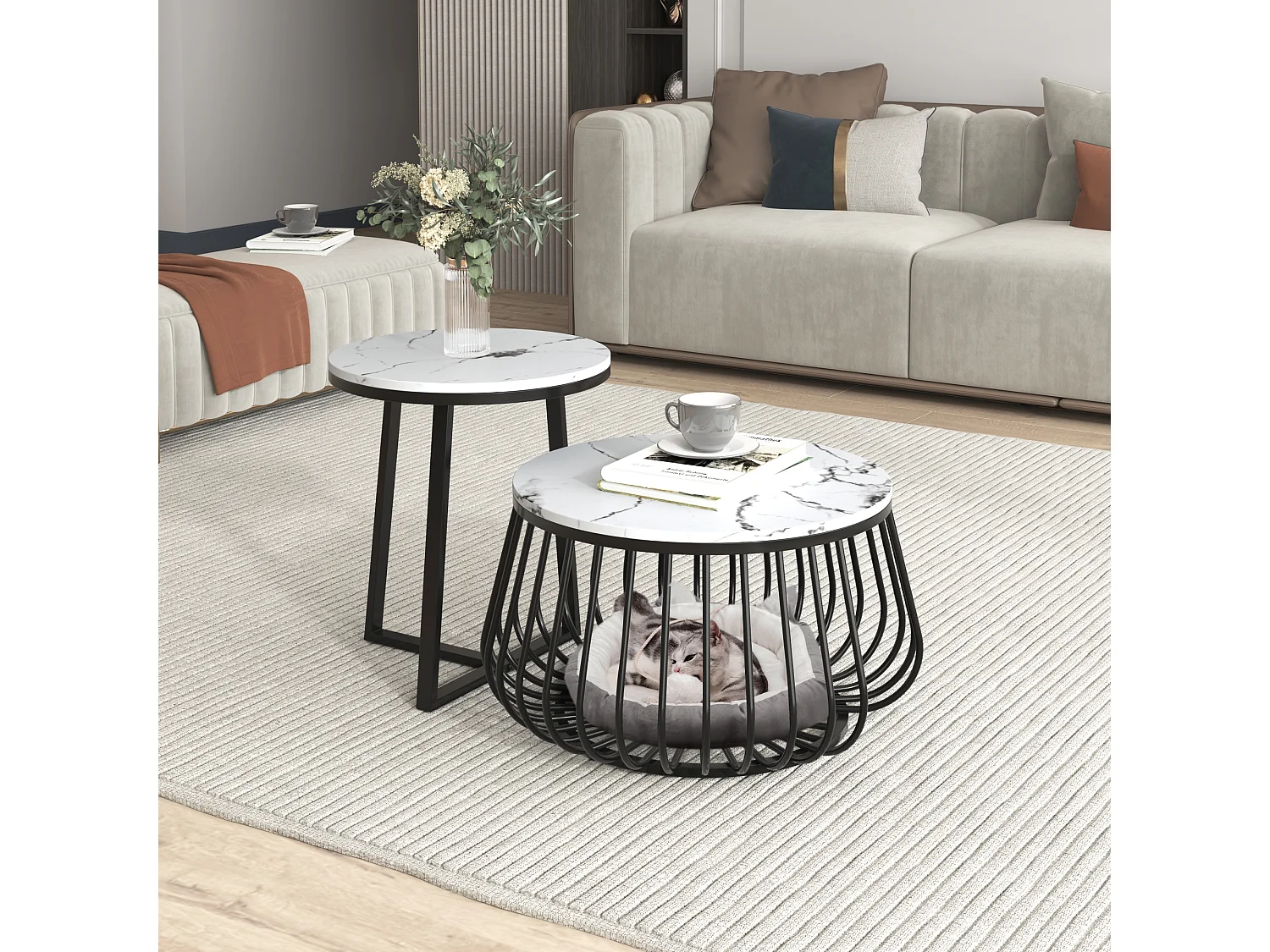 Set van 2 ronde salontafels - bijzettafel - gemarmerd fineer - MDF hout en metaal - zwart & wit