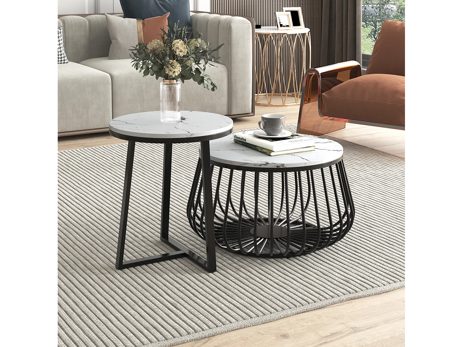 Set van 2 ronde salontafels - bijzettafel - gemarmerd fineer - MDF hout en metaal - zwart & wit