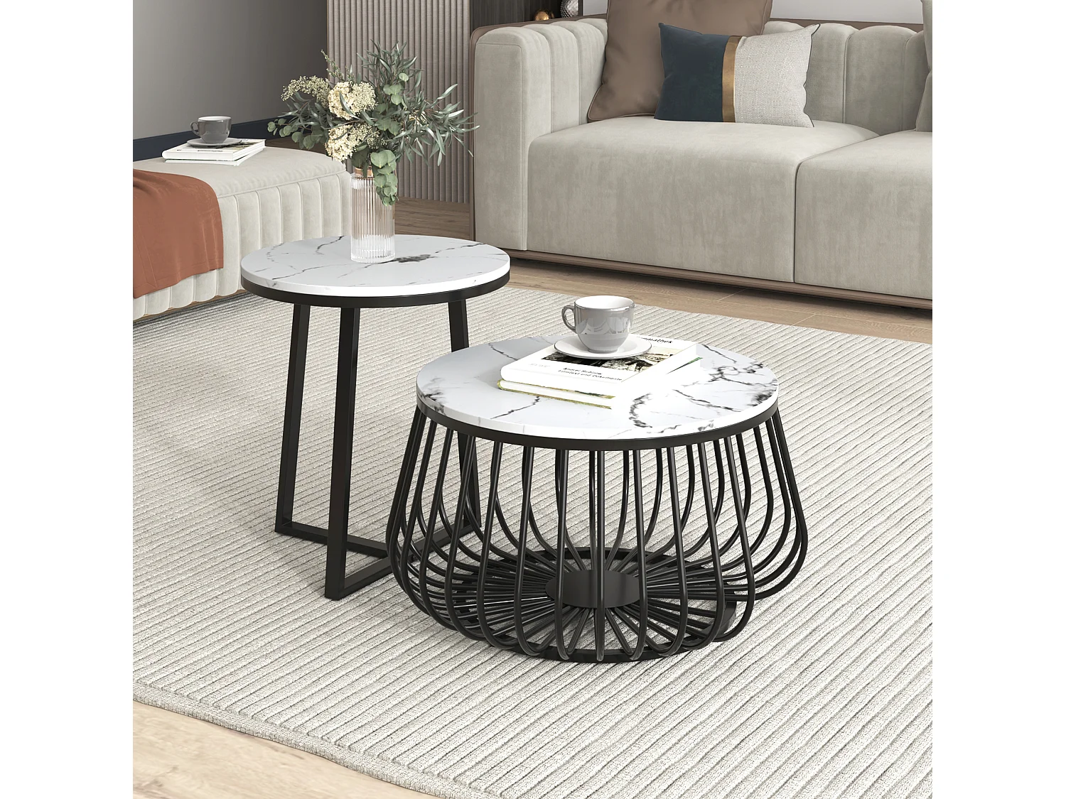 Set van 2 ronde salontafels - bijzettafel - gemarmerd fineer - MDF hout en metaal - zwart & wit