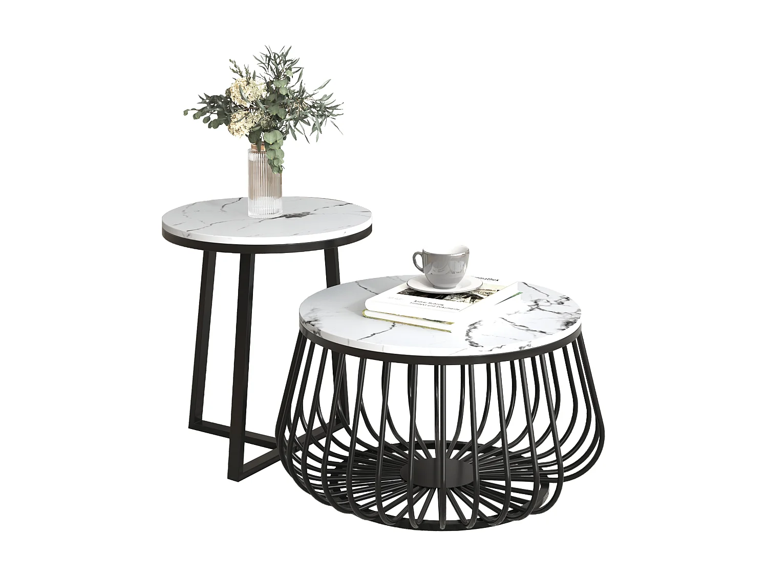 Set van 2 ronde salontafels - bijzettafel - gemarmerd fineer - MDF hout en metaal - zwart & wit