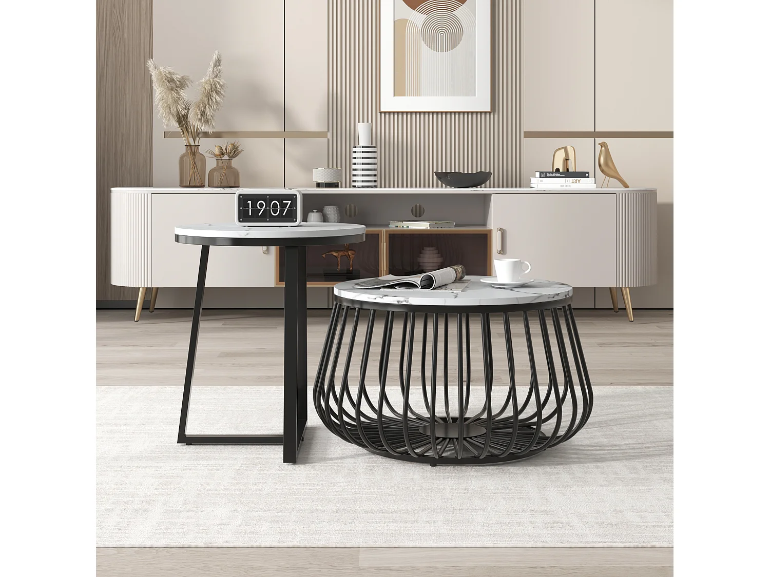 Set van 2 ronde salontafels - bijzettafel - gemarmerd fineer - MDF hout en metaal - zwart & wit