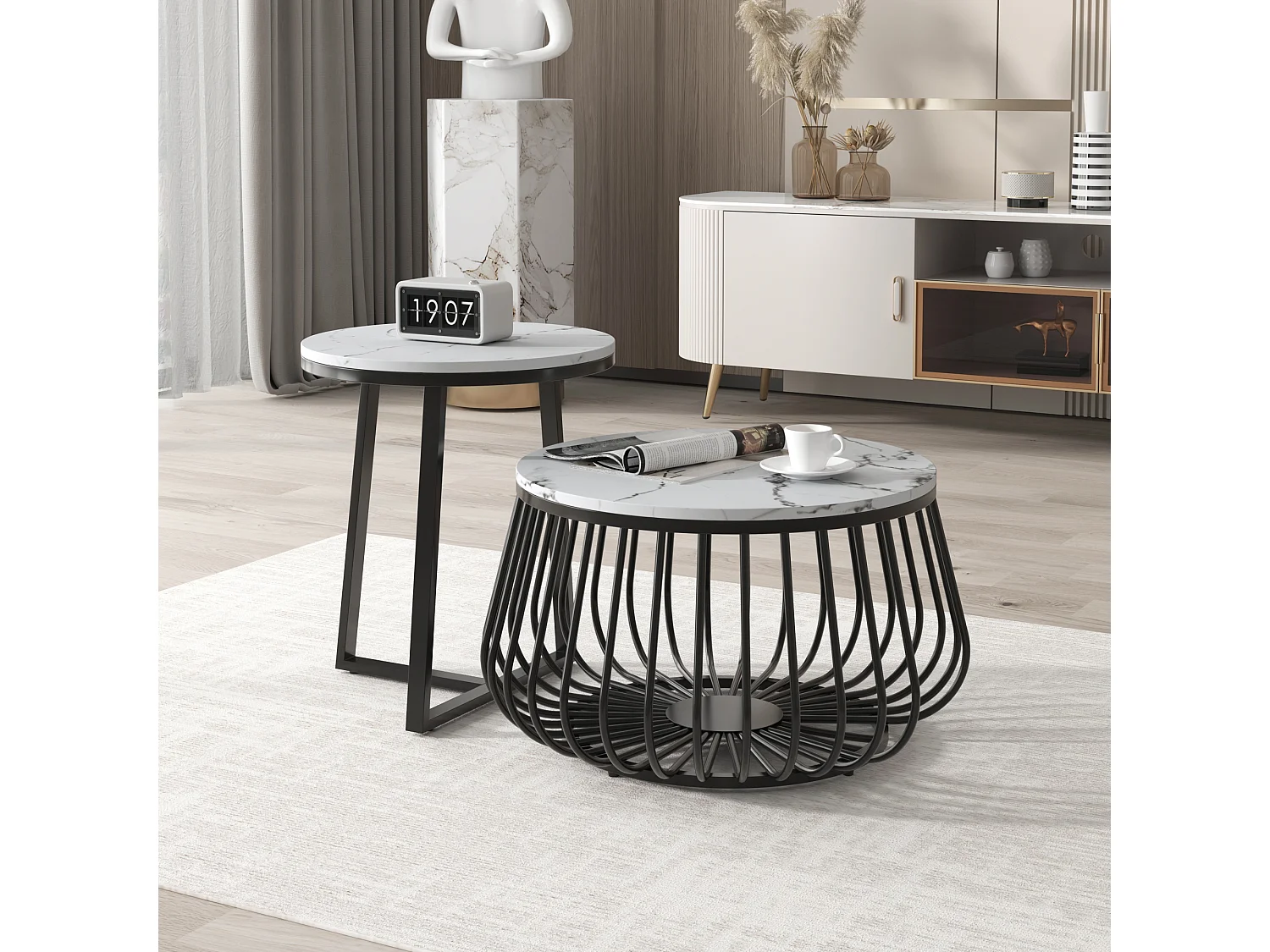 Set van 2 ronde salontafels - bijzettafel - gemarmerd fineer - MDF hout en metaal - zwart & wit