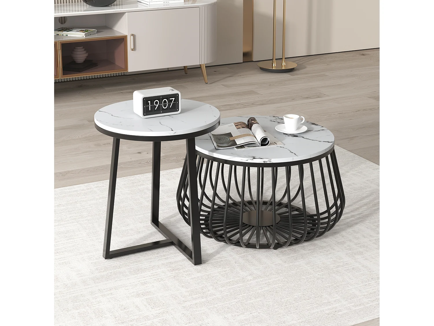 Set van 2 ronde salontafels - bijzettafel - gemarmerd fineer - MDF hout en metaal - zwart & wit