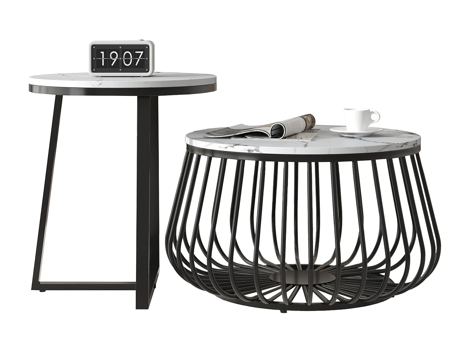 Set van 2 ronde salontafels - bijzettafel - gemarmerd fineer - MDF hout en metaal - zwart & wit