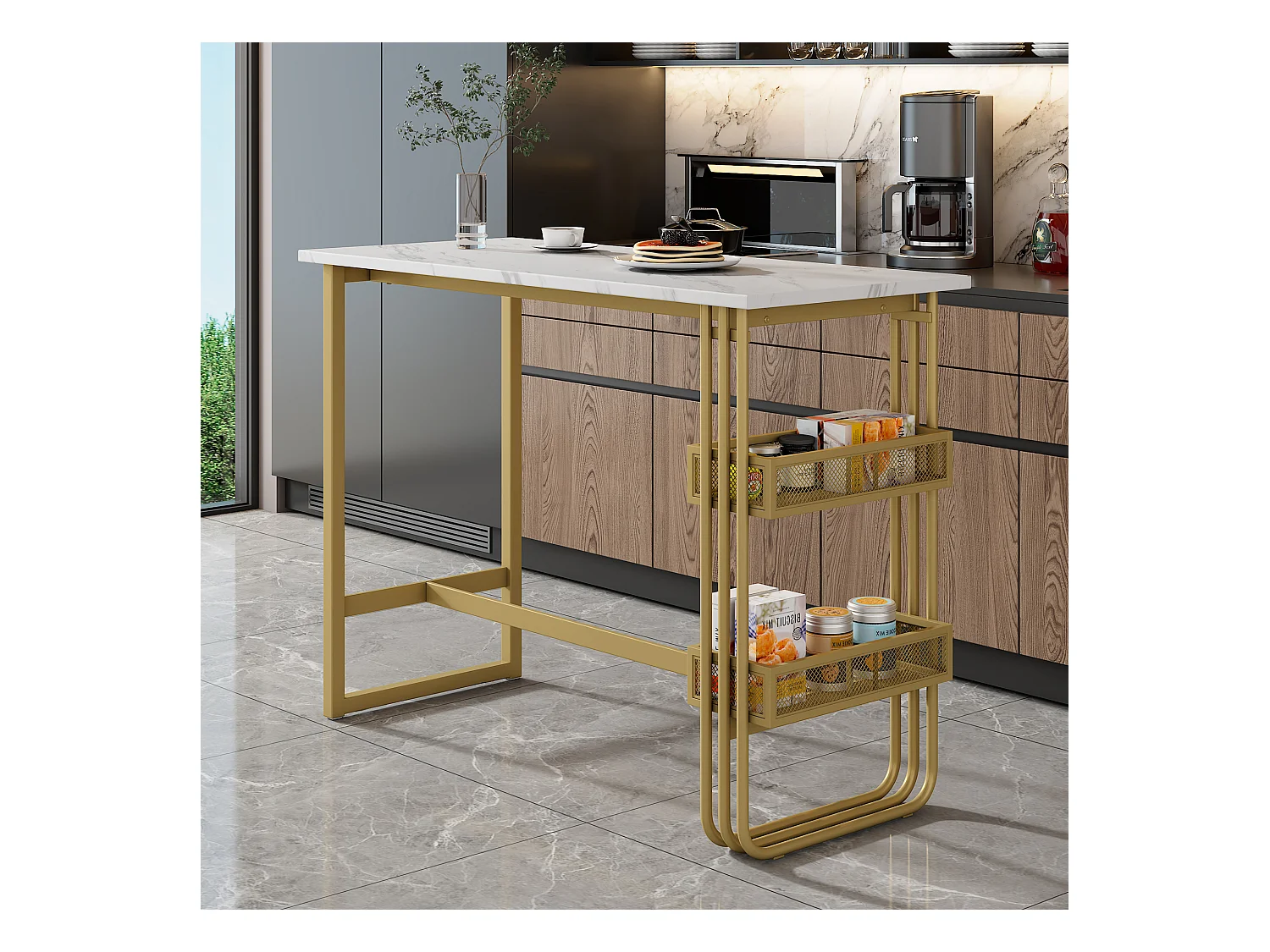 Table de bar moderne avec étagères - Placage en motif marbre - Bois en MDF - Pièds en métal doré - coloris blanc