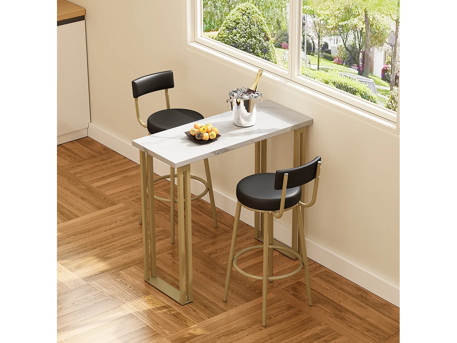 Set aus 1 Bartisch und 2 Barstühlen – Metallbeine – rechteckiger Esstisch – Gold und Weiß