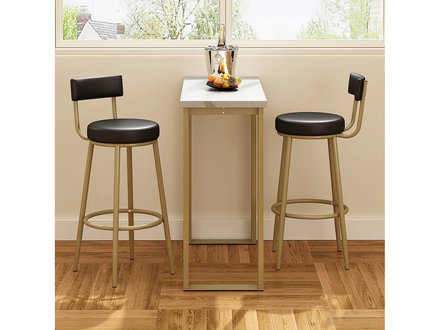 Set aus 1 Bartisch und 2 Barstühlen – Metallbeine – rechteckiger Esstisch – Gold und Weiß