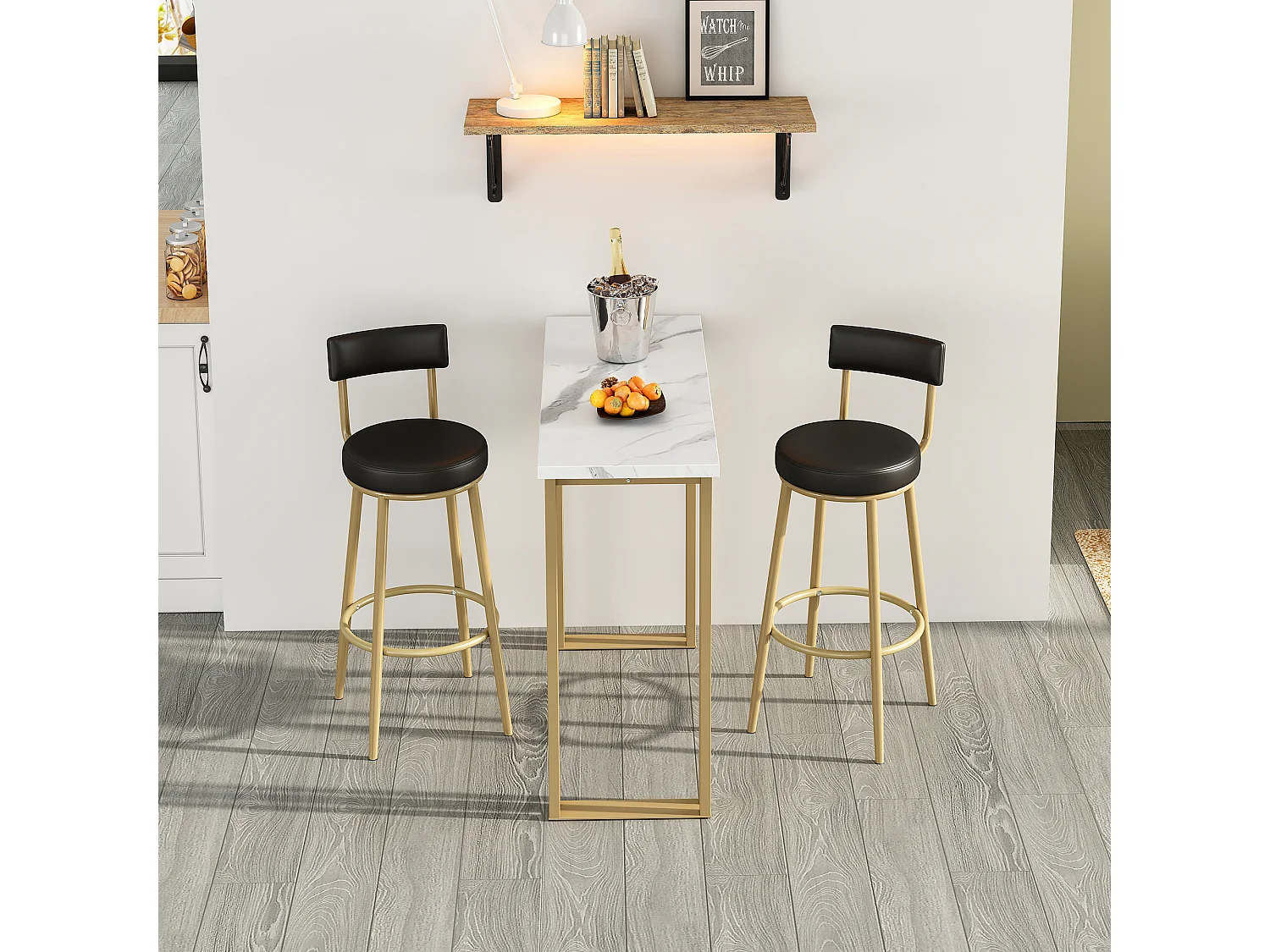 Set aus 1 Bartisch und 2 Barstühlen – Metallbeine – rechteckiger Esstisch – Gold und Weiß