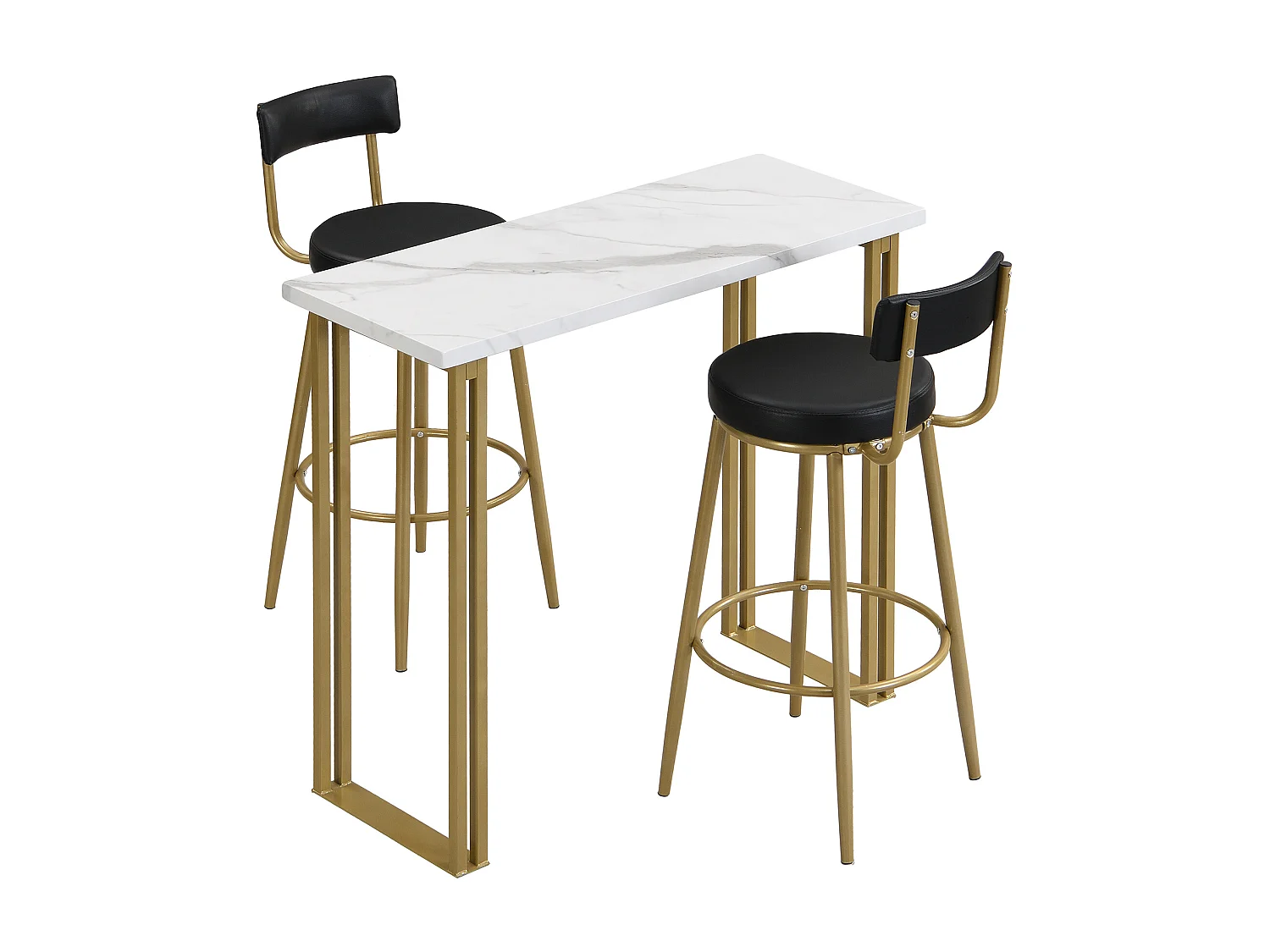 Set aus 1 Bartisch und 2 Barstühlen – Metallbeine – rechteckiger Esstisch – Gold und Weiß