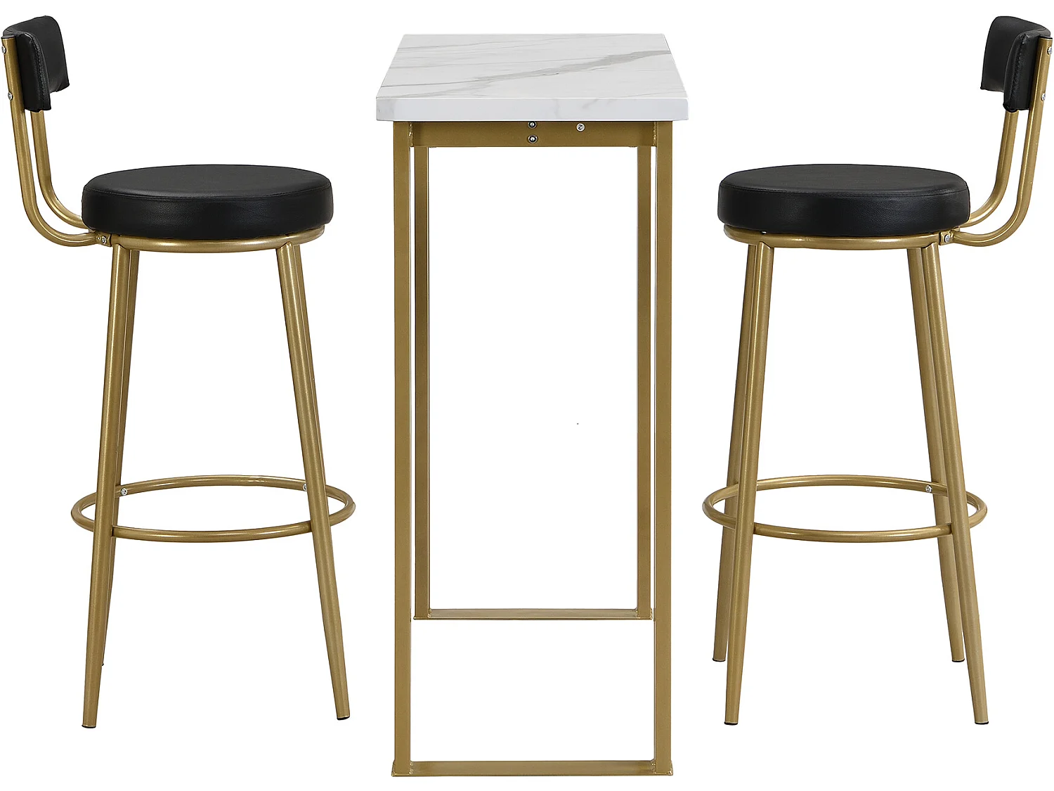 Set aus 1 Bartisch und 2 Barstühlen – Metallbeine – rechteckiger Esstisch – Gold und Weiß
