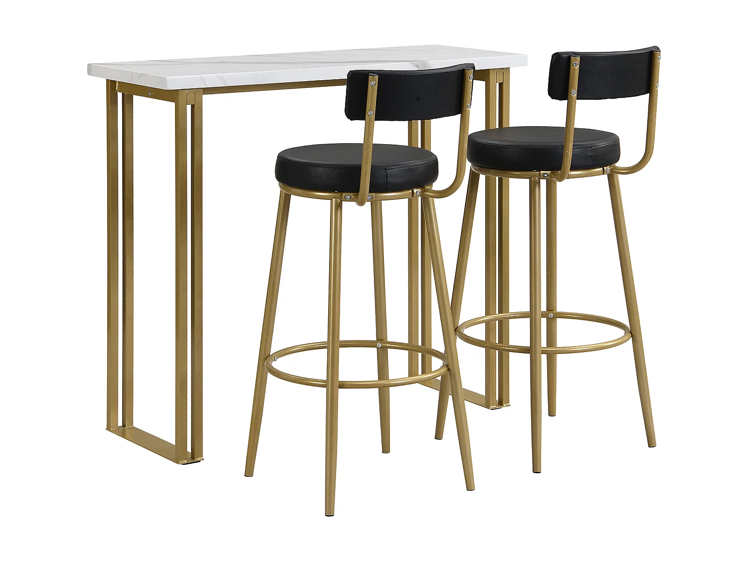 Set aus 1 Bartisch und 2 Barstühlen – Metallbeine – rechteckiger Esstisch – Gold und Weiß