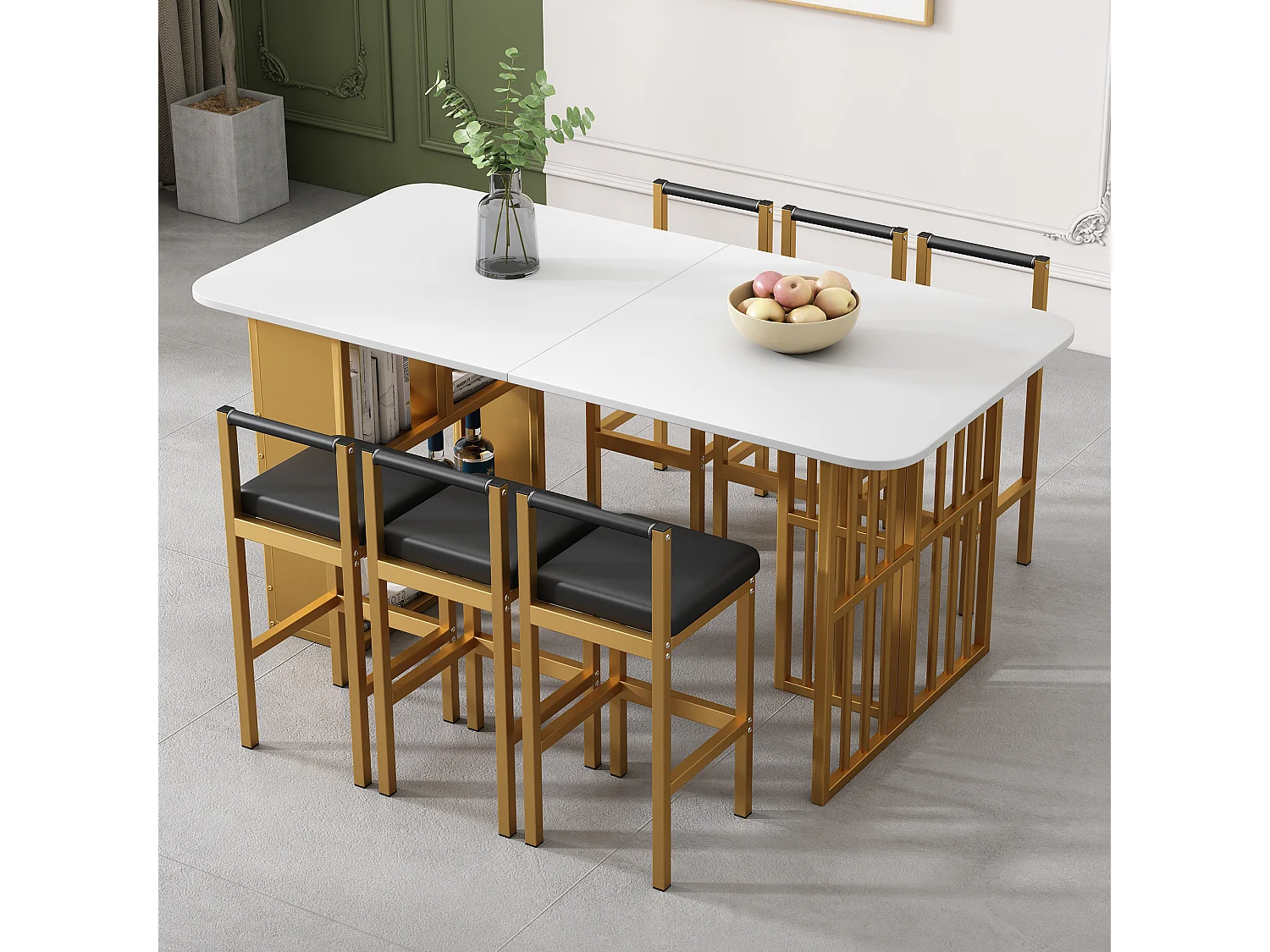 Set tafel + 6 eetkamerstoelen bekleed met kunstleer, metalen poten, tafel met planken, wit + goud