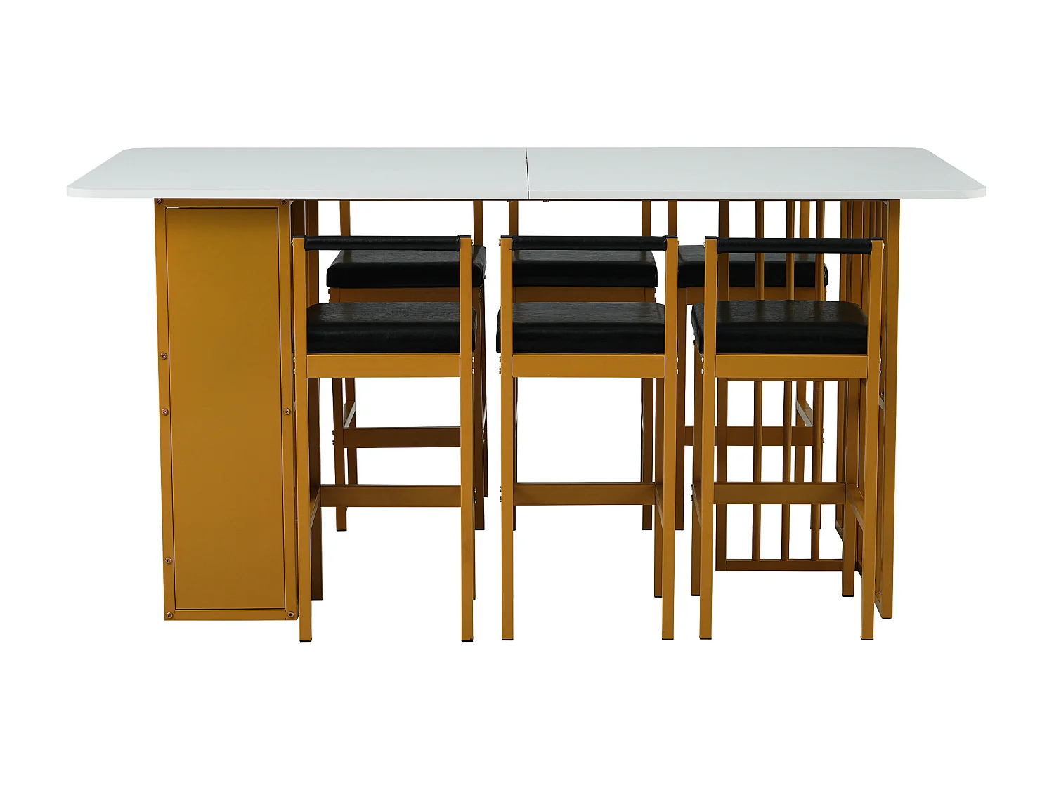 Set tafel + 6 eetkamerstoelen bekleed met kunstleer, metalen poten, tafel met planken, wit + goud