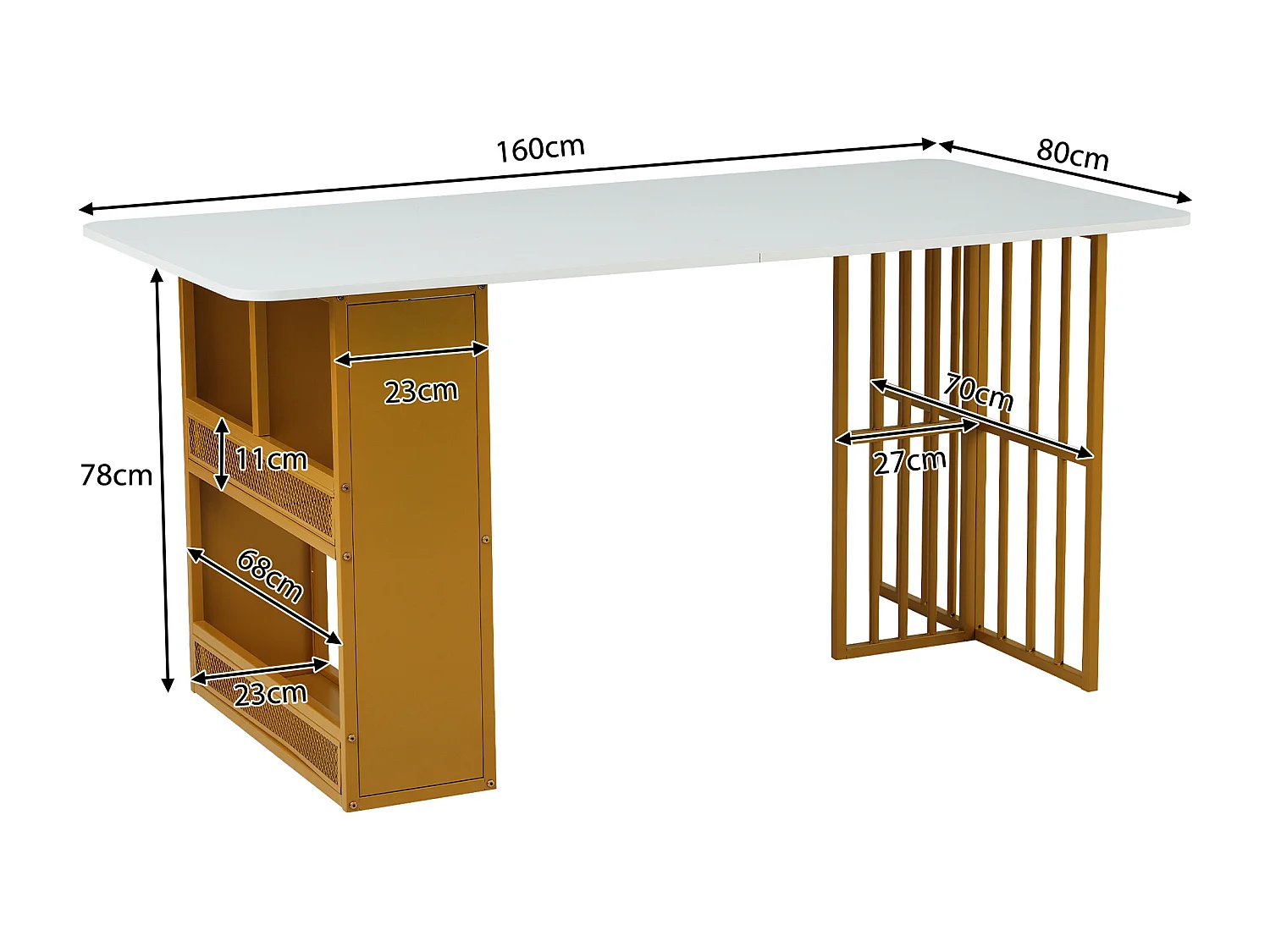 Set tafel + 6 eetkamerstoelen bekleed met kunstleer, metalen poten, tafel met planken, wit + goud