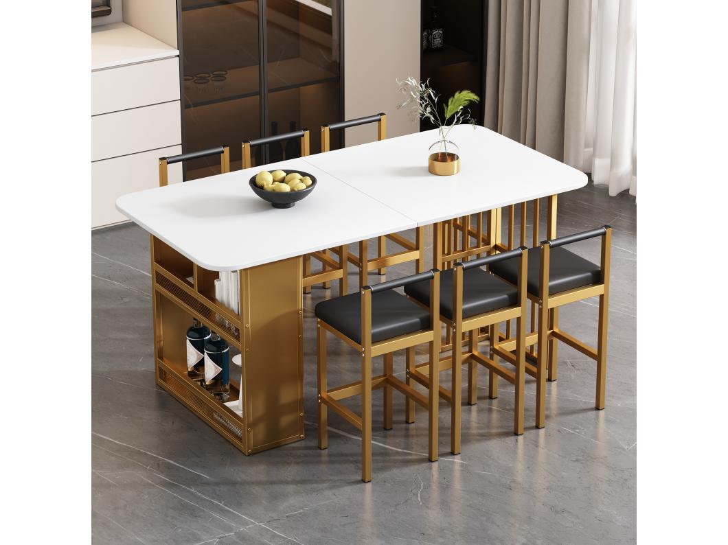 Set tavolo + 6 sedie sala da pranzo rivestite in ecopelle, gambe in metallo, tavolo con ripiani, bianco + oro