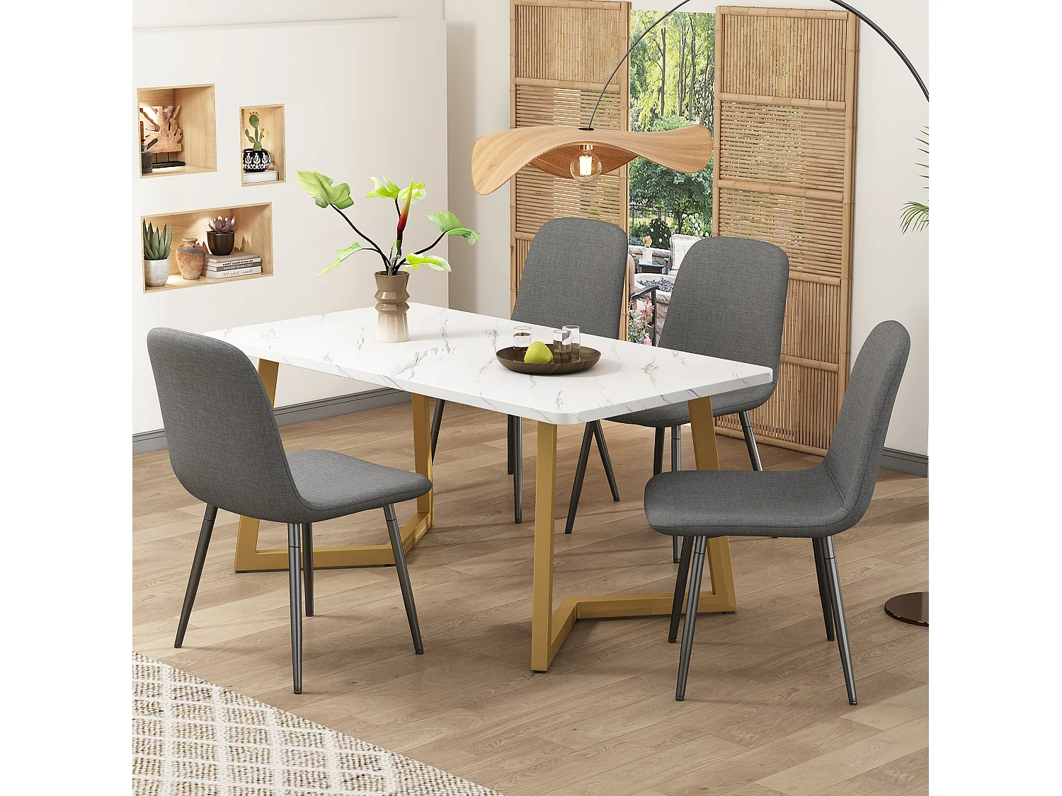 Ensemble 1 table + 4 chaises rembourrées en velours - placage en motif marbre - pièds en métal doré - gris + blanc