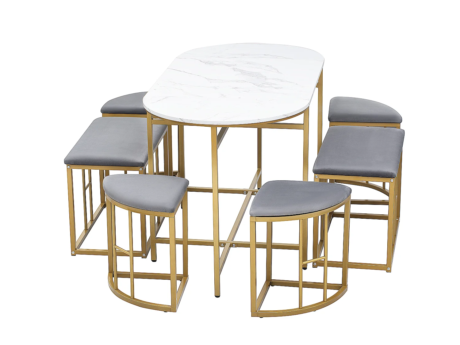 Set aus 1 Tisch + 6 Stühlen mit Samtbezug – Furnier mit Marmormuster – goldene Metallbeine – Grau + Weiß