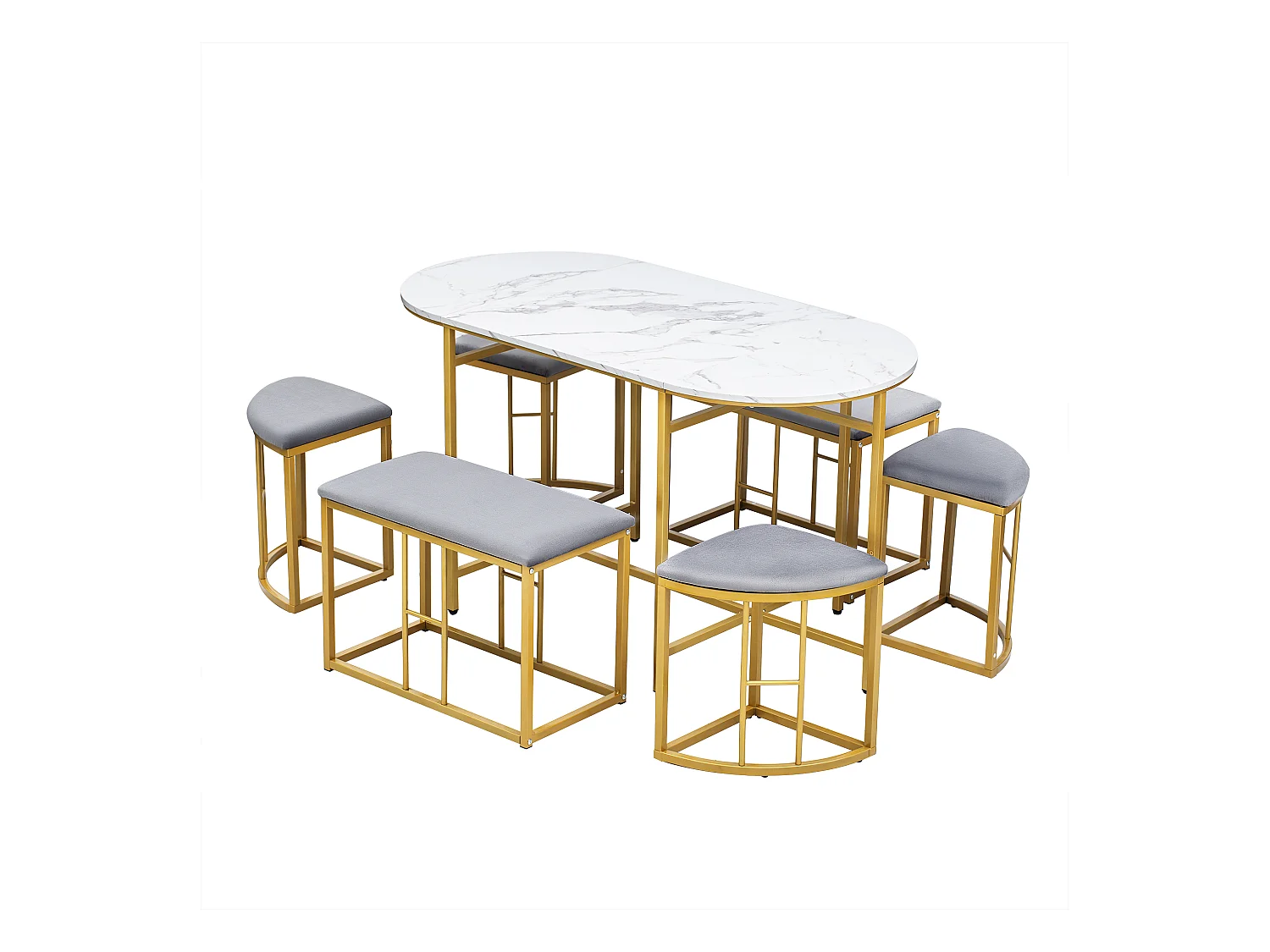 Set aus 1 Tisch + 6 Stühlen mit Samtbezug – Furnier mit Marmormuster – goldene Metallbeine – Grau + Weiß