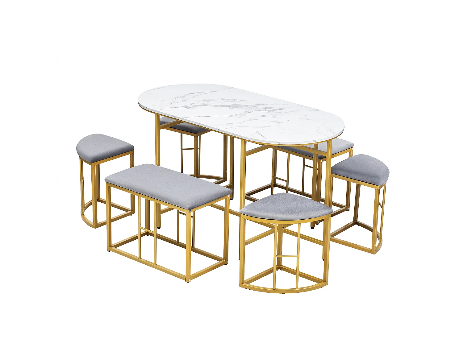 Set van 1 tafel + 6 stoelen bekleed met fluweel - marmerpatroon fineer - gouden metalen poten - grijs + wit