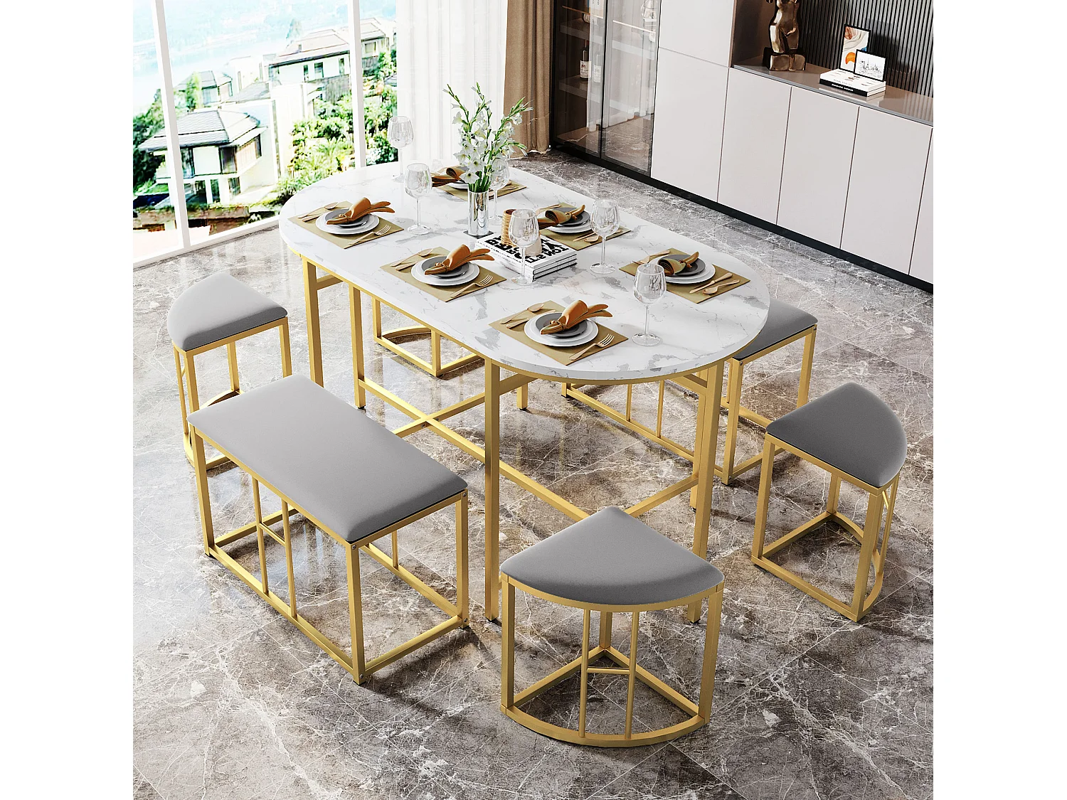 Set van 1 tafel + 6 stoelen bekleed met fluweel - marmerpatroon fineer - gouden metalen poten - grijs + wit