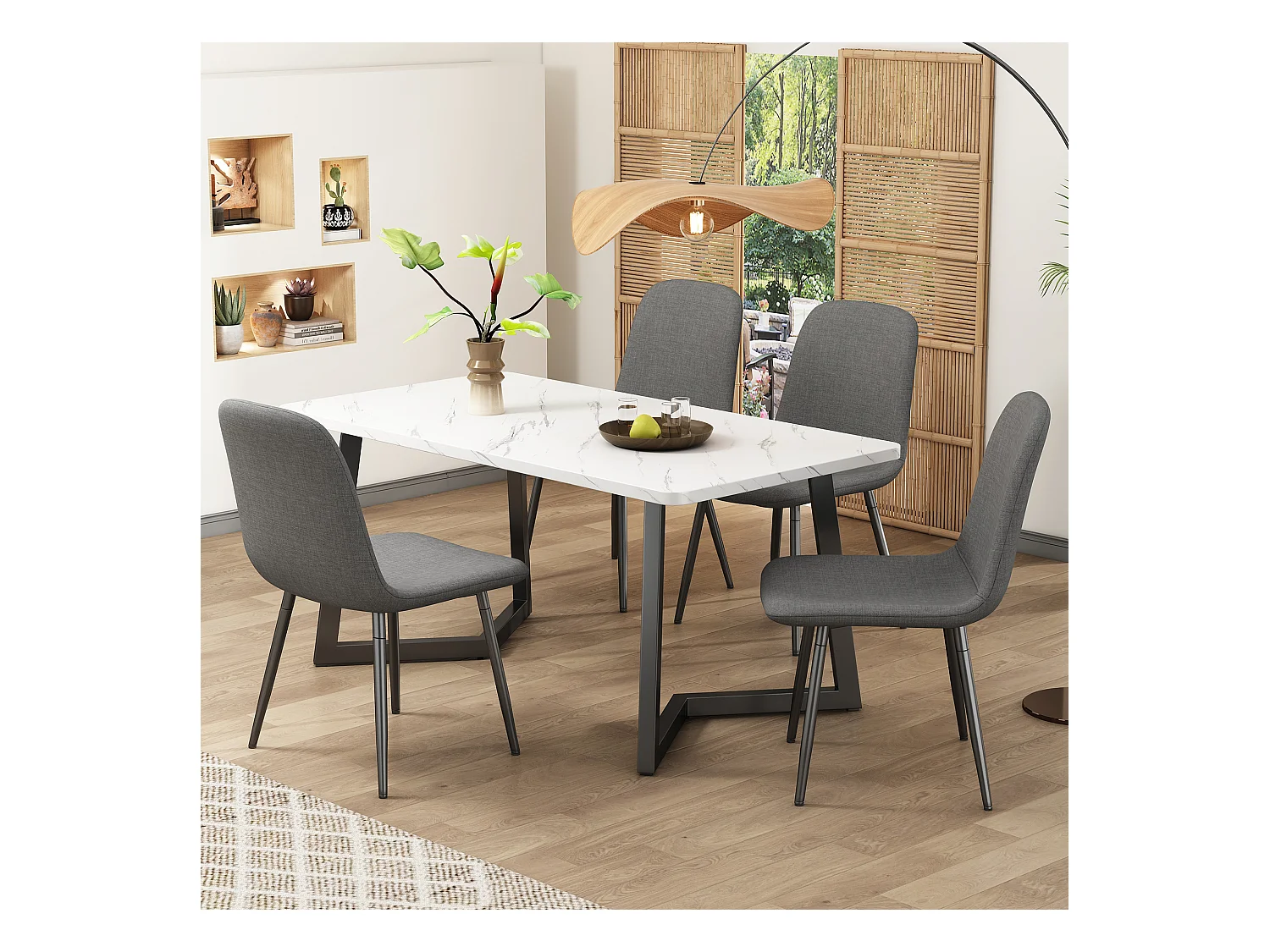 Set van 1 eettafel + 4 stoelen - linnen zittingen en metalen poten - voor keuken of eetkamer - wit en grijs
