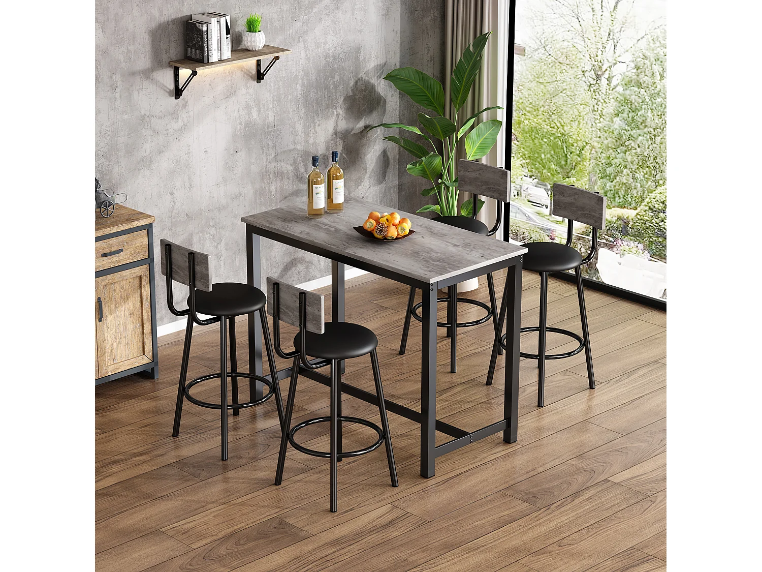 Set van 1 tafel + 4 barstoelen - Kunstleren zitting en metalen poten - marmerpatroon - grijs