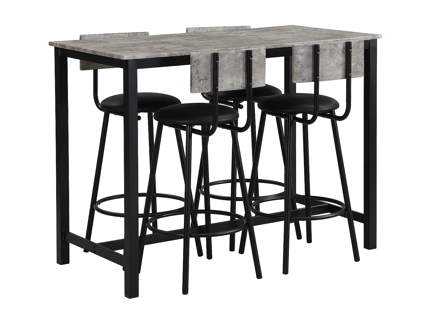 Set van 1 tafel + 4 barstoelen - Kunstleren zitting en metalen poten - marmerpatroon - grijs